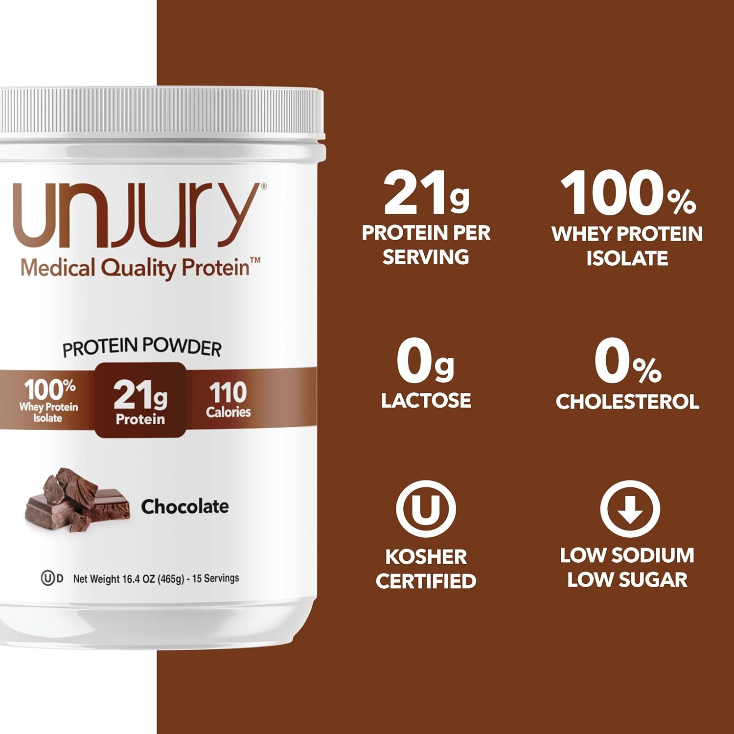 Chocolate Unjury Whey Protein Powder - 21g Whey Isolate, Low Carb, Lactose & Gluten Free - Kosher Certified - 15 Servings