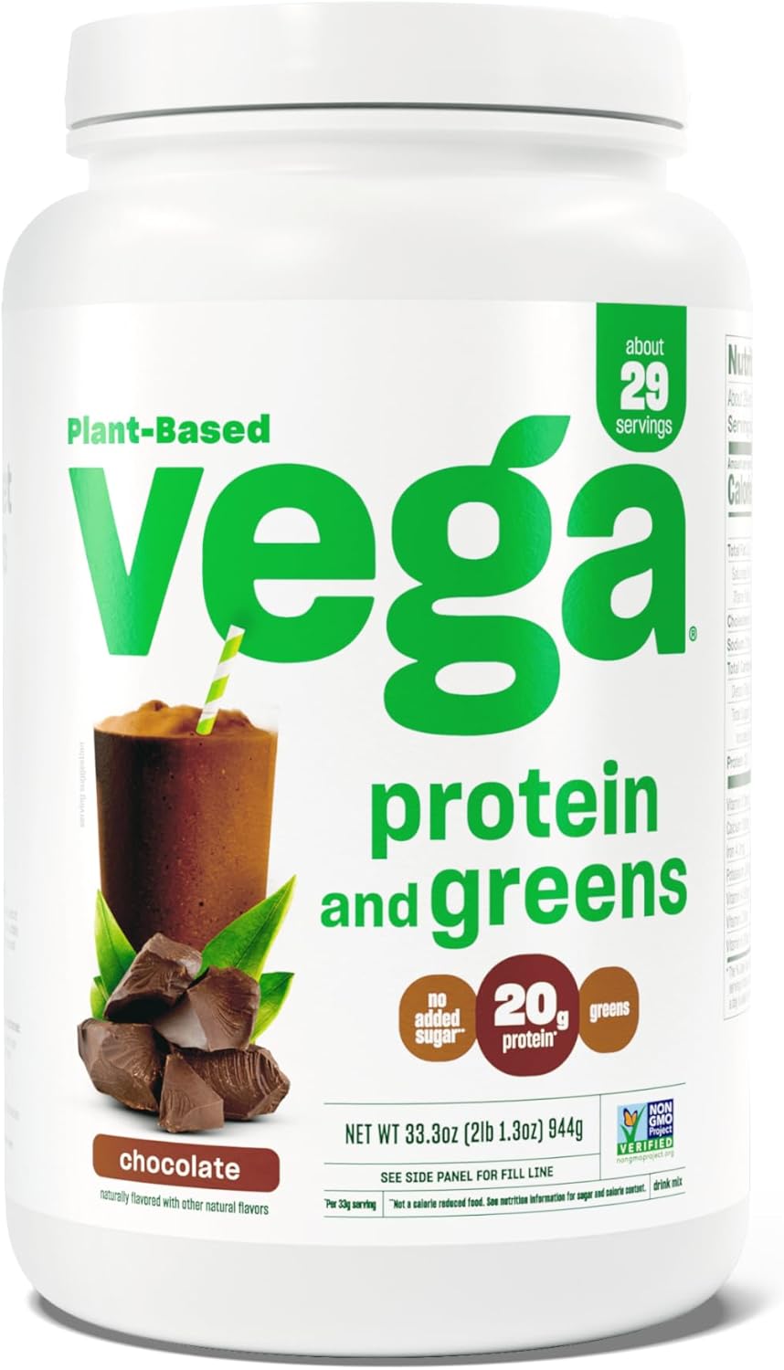 Chocolate Vega Protein and Greens Powder - 20g Plant-Based Protein with Veggies, Vegan, Non-GMO, Pea Protein for Women and Men, 2.1lbs