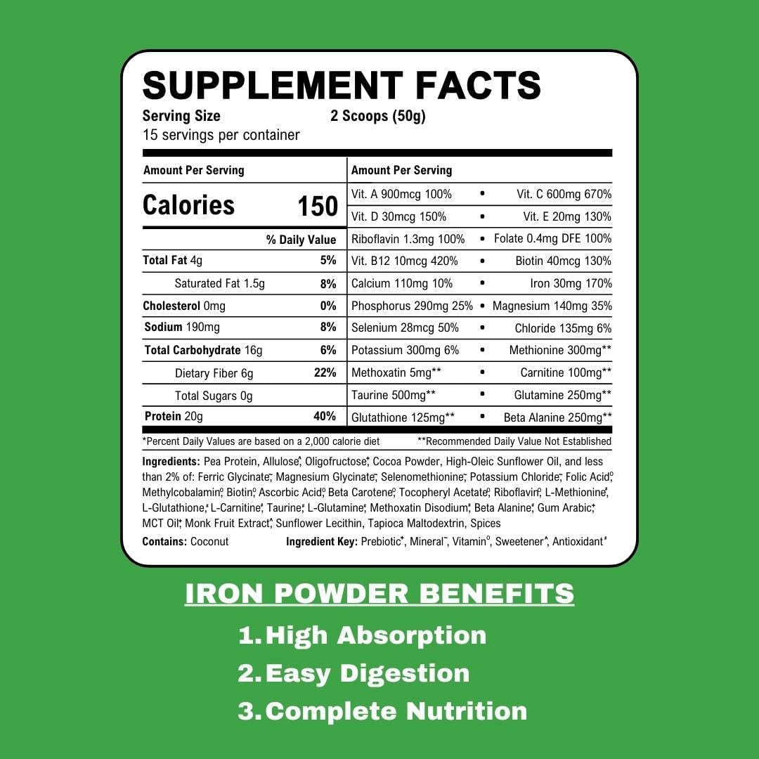 Chocolate Vegan Iron Supplement Powder | 30mg Iron, 20g Protein, 6g Fiber | High Vitamin D | Blood Support | Boost Energy | Easily Digestible | 30 Scoops