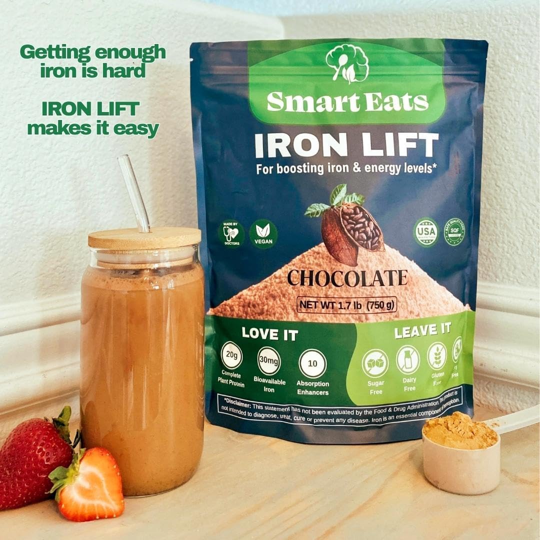 Chocolate Vegan Iron Supplement Powder | 30mg Iron, 20g Protein, 6g Fiber | High Vitamin D | Blood Support | Boost Energy | Easily Digestible | 30 Scoops