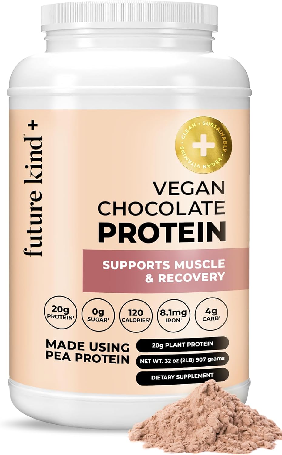 Chocolate Vegan Protein Powder with Pea Plant Protein for Lean Muscle, Iron & Fiber, Whey-Free, Sugar-Free, Soy-Free - Non-Dairy (34 Servings)