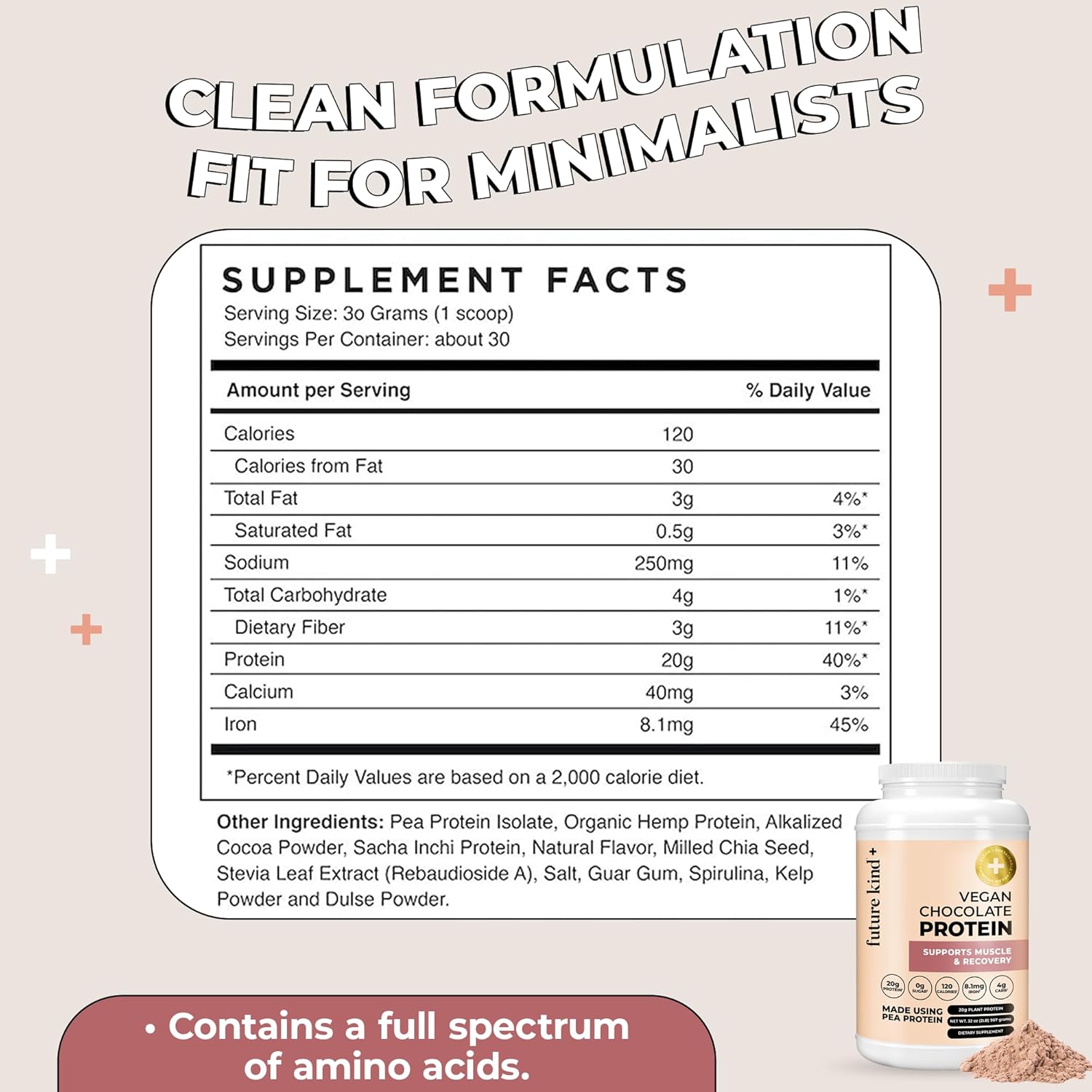 Chocolate Vegan Protein Powder with Pea Plant Protein for Lean Muscle, Iron & Fiber, Whey-Free, Sugar-Free, Soy-Free - Non-Dairy (34 Servings)