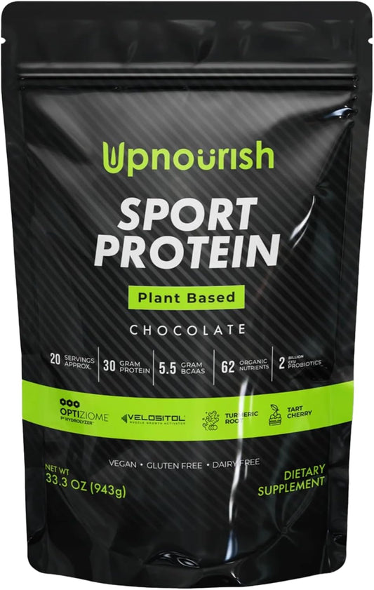 Chocolate Vegan Sport Protein Powder with VELOSITOL, BCAAs, and Organic Greens - 20 Servings for Post-Workout Recovery and Keto Friendly - UpNourish