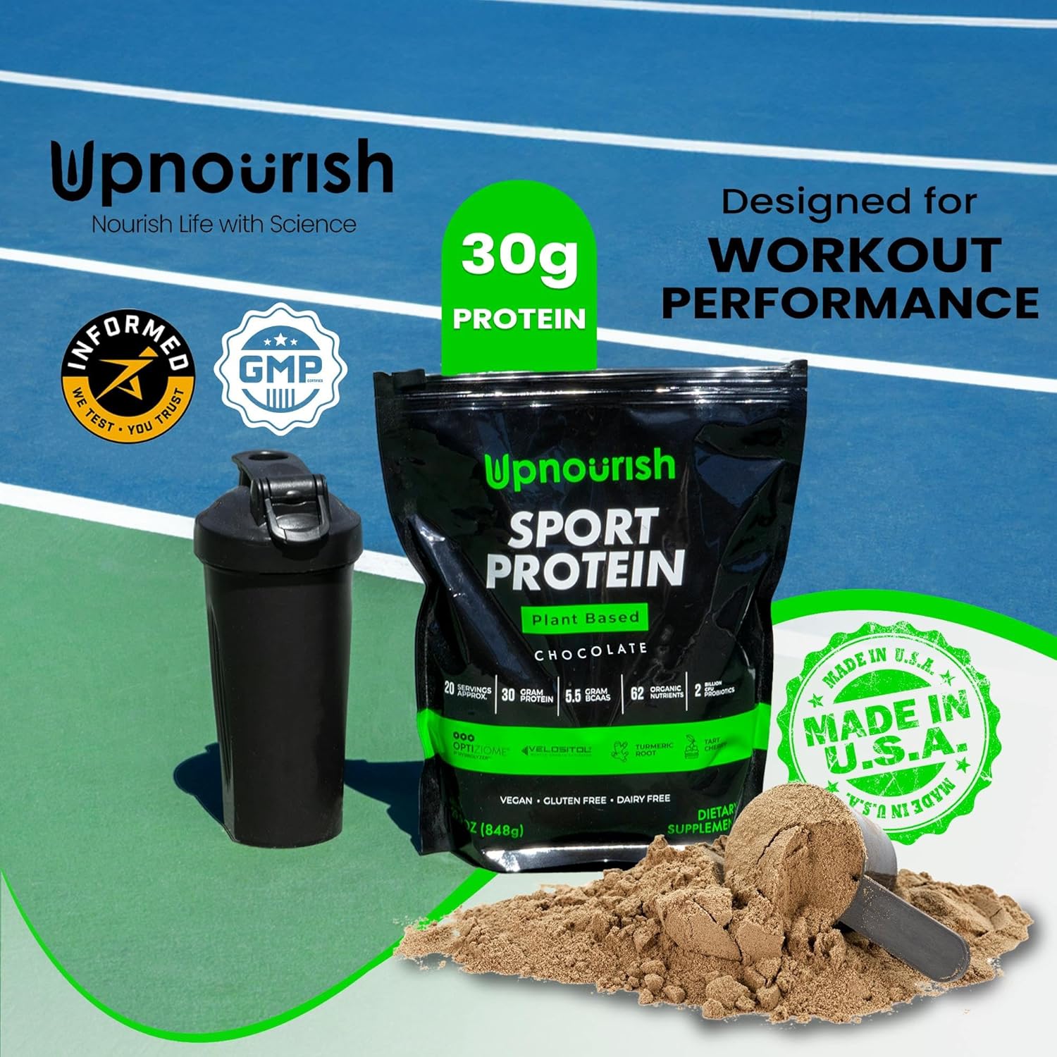Chocolate Vegan Sport Protein Powder with VELOSITOL, BCAAs, and Organic Greens - 20 Servings for Post-Workout Recovery and Keto Friendly - UpNourish