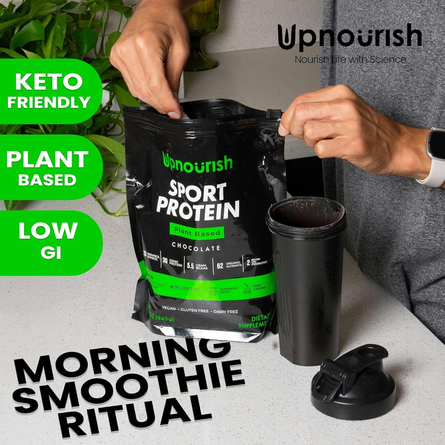 Chocolate Vegan Sport Protein Powder with VELOSITOL, BCAAs, and Organic Greens - 20 Servings for Post-Workout Recovery and Keto Friendly - UpNourish