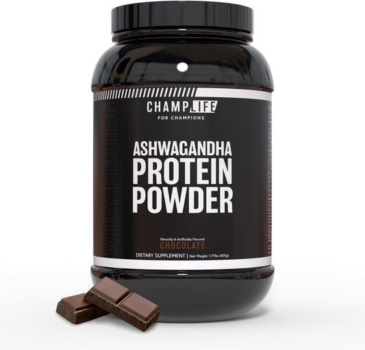 Chocolate Whey Protein Powder with Ashwagandha - 24g Protein, Sugar-Free, Gluten-Free - 25 Servings