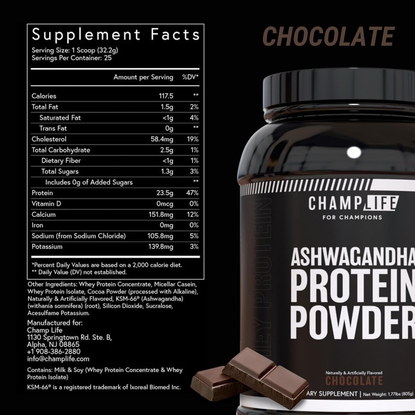 Chocolate Whey Protein Powder with Ashwagandha - 24g Protein, Sugar-Free, Gluten-Free - 25 Servings