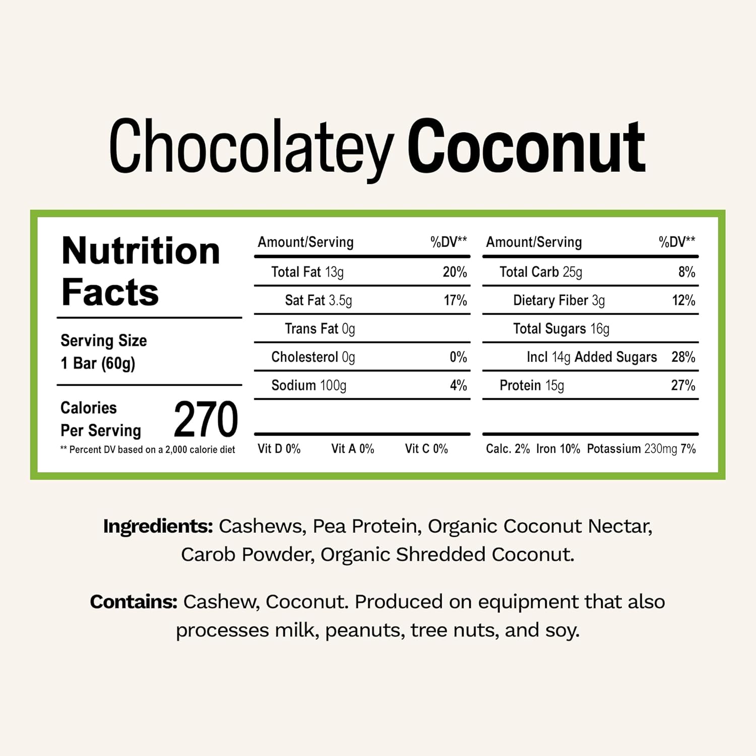 Chocolately Coconut Rise Pea Protein Bar - 15g Protein, 5 Whole Food Ingredients, Non-GMO, Gluten-Free, Soy-Free