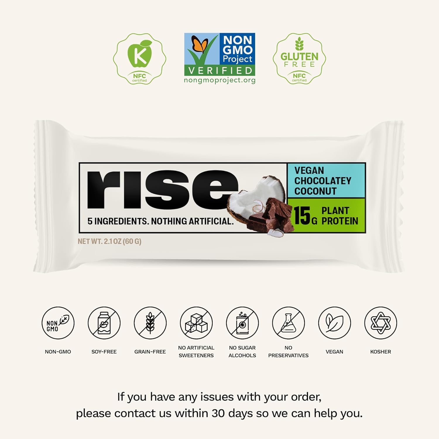 Chocolately Coconut Rise Pea Protein Bar - 15g Protein, 5 Whole Food Ingredients, Non-GMO, Gluten-Free, Soy-Free