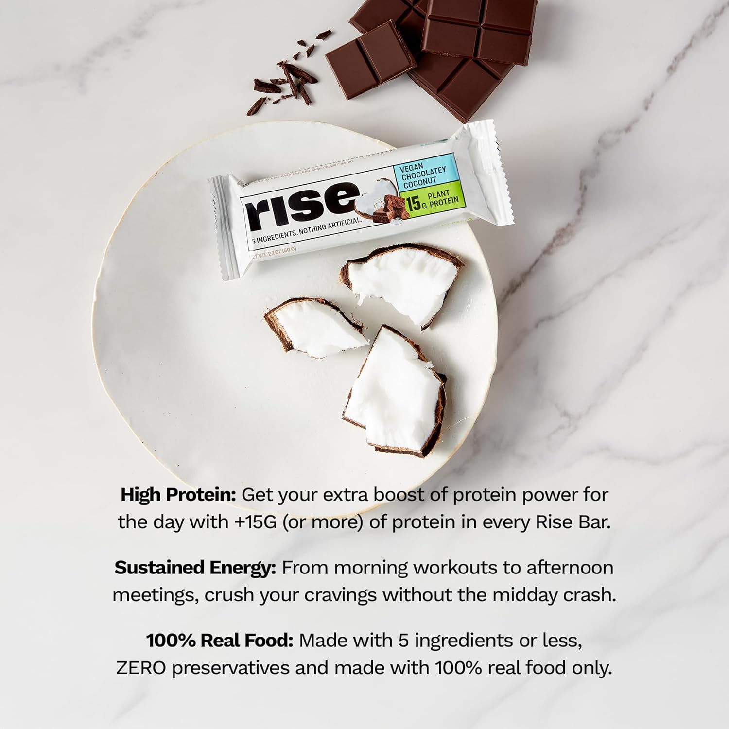 Chocolately Coconut Rise Pea Protein Bar - 15g Protein, 5 Whole Food Ingredients, Non-GMO, Gluten-Free, Soy-Free