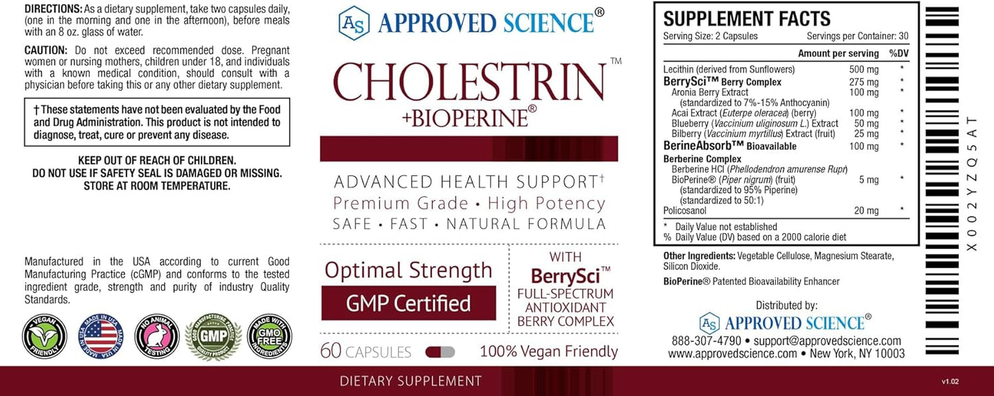 Cholestrin Capsules - Lipid Level Support with Antioxidants, Lecithin, Berberine HCL, Berries, BioPerine - 360 Caps - USA Made