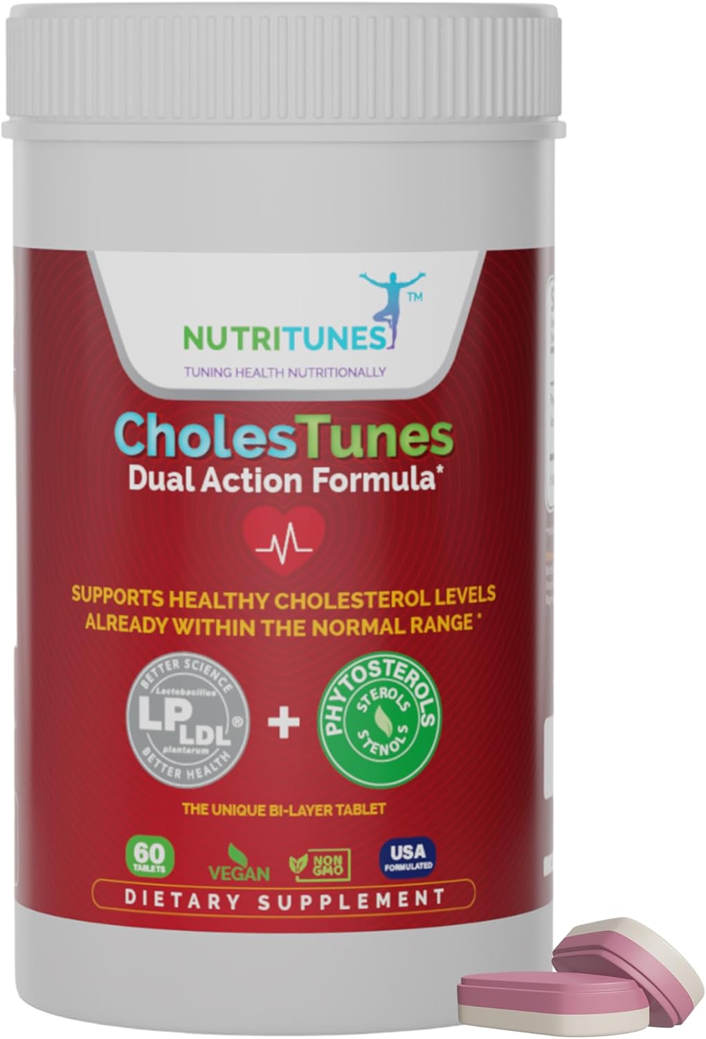 CholesTunes Cholesterol Support Supplement - Phytosterols & Probiotic LP LDL for Heart Health - Non-GMO, Gluten-Free, 60 Tablets