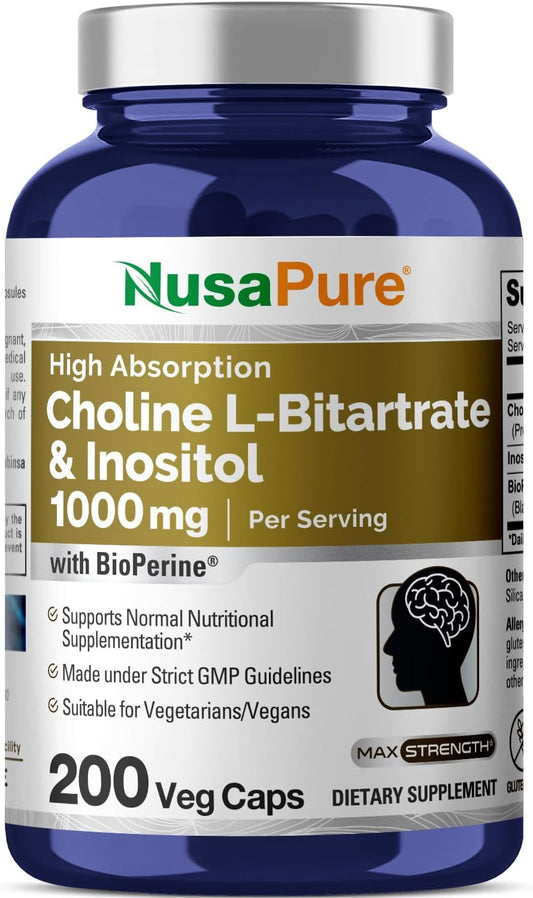 Choline and Inositol 1000mg Supplement with Bioperine - 200 Vegetarian Capsules