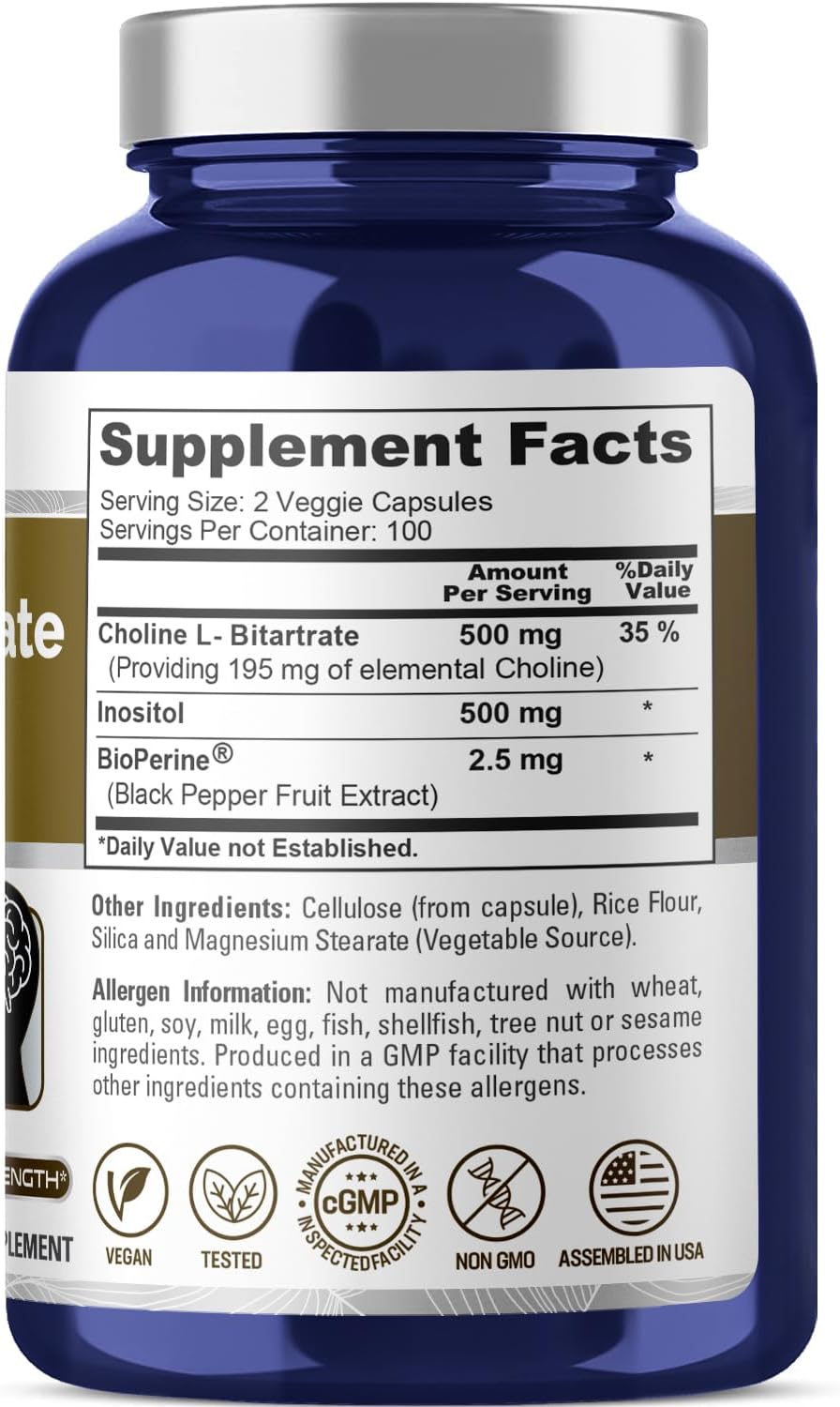 Choline and Inositol 1000mg Supplement with Bioperine - 200 Vegetarian Capsules