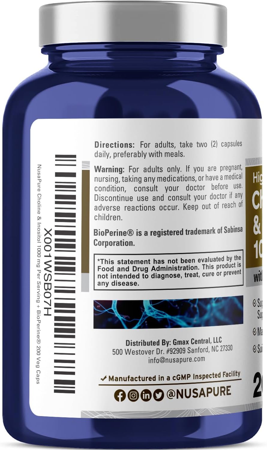 Choline and Inositol 1000mg Supplement with Bioperine - 200 Vegetarian Capsules