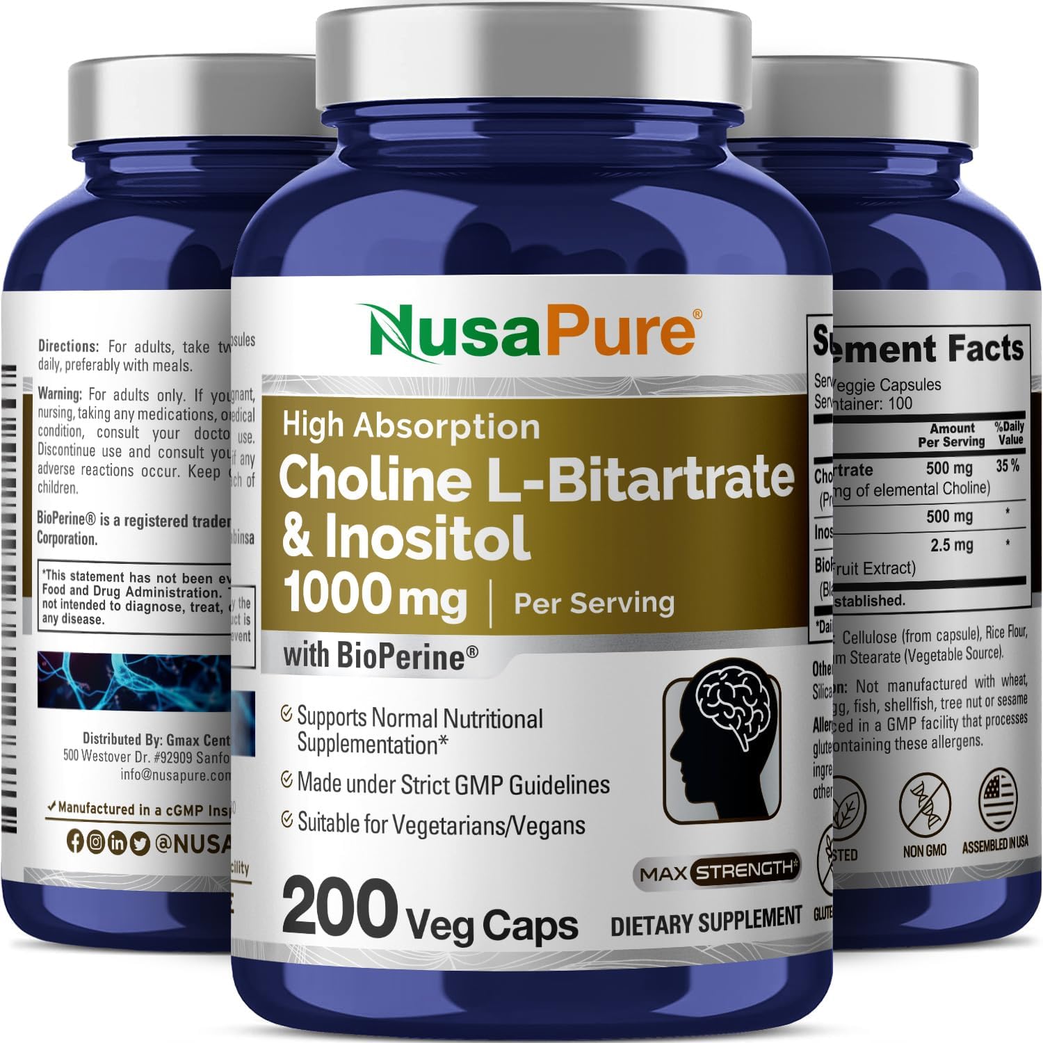 Choline and Inositol 1000mg Supplement with Bioperine - 200 Vegetarian Capsules