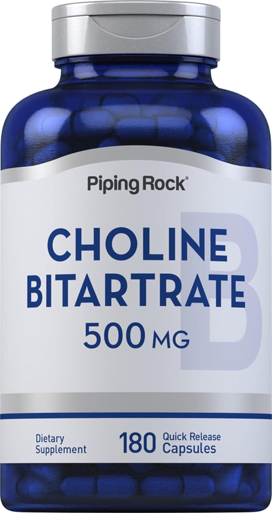 Choline Bitartrate 500mg Supplement | 180 Capsules | Non-GMO & Gluten Free | Piping Rock
