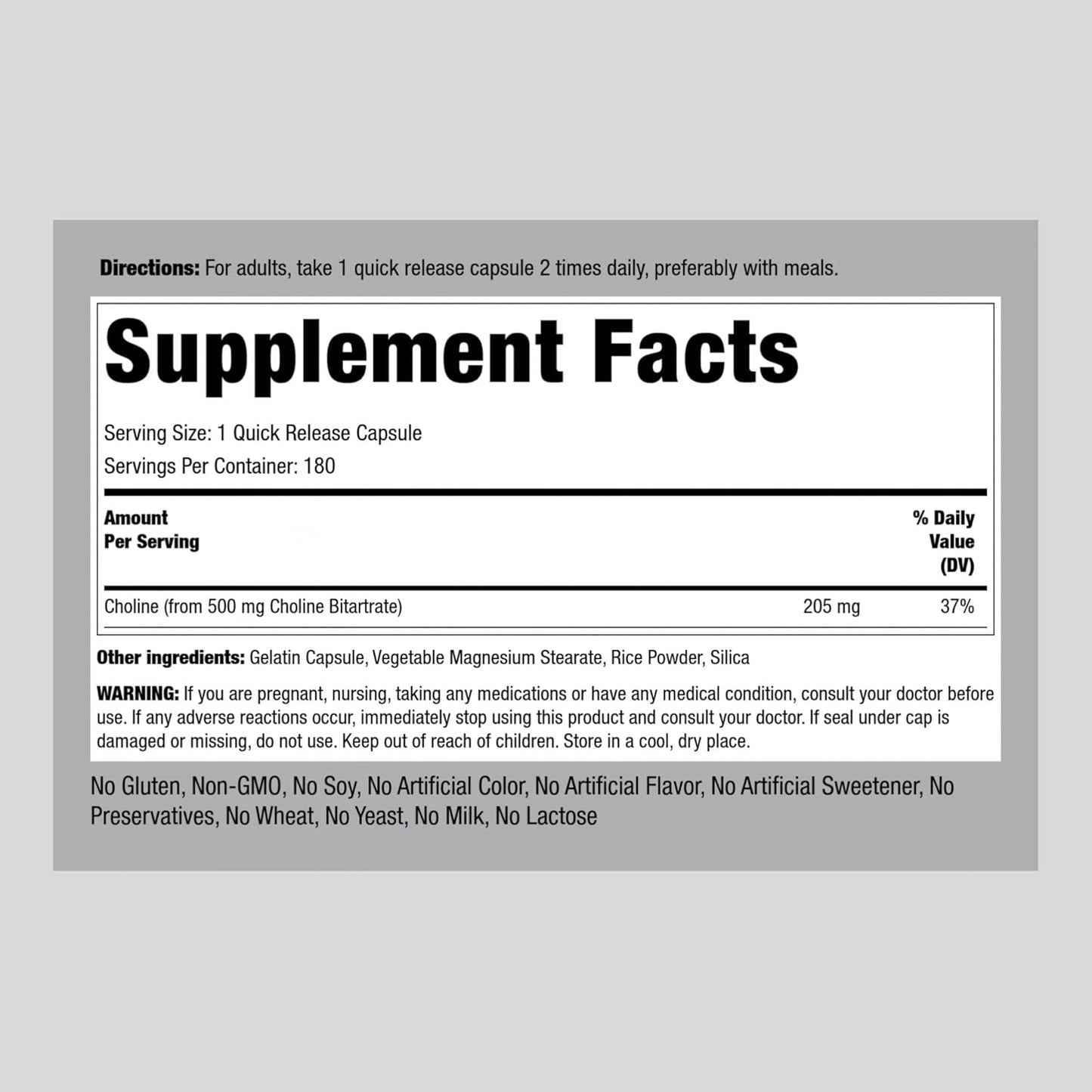 Choline Bitartrate 500mg Supplement | 180 Capsules | Non-GMO & Gluten Free | Piping Rock