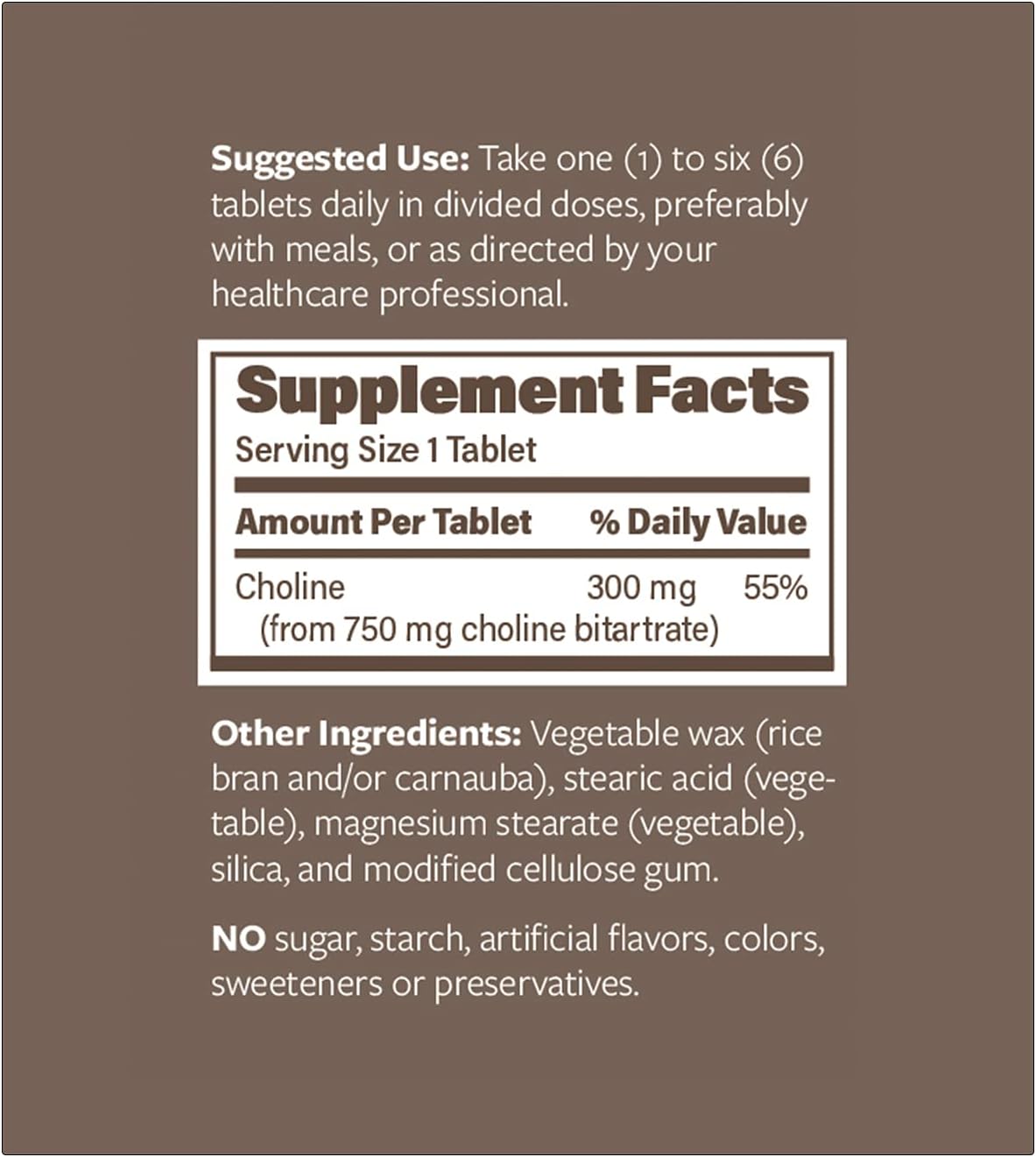 Choline Bitartrate Sustained Release Tablets - 300mg - Brain Health & Focus - Prenatal Development - Vegan & Non-GMO - 60 Count