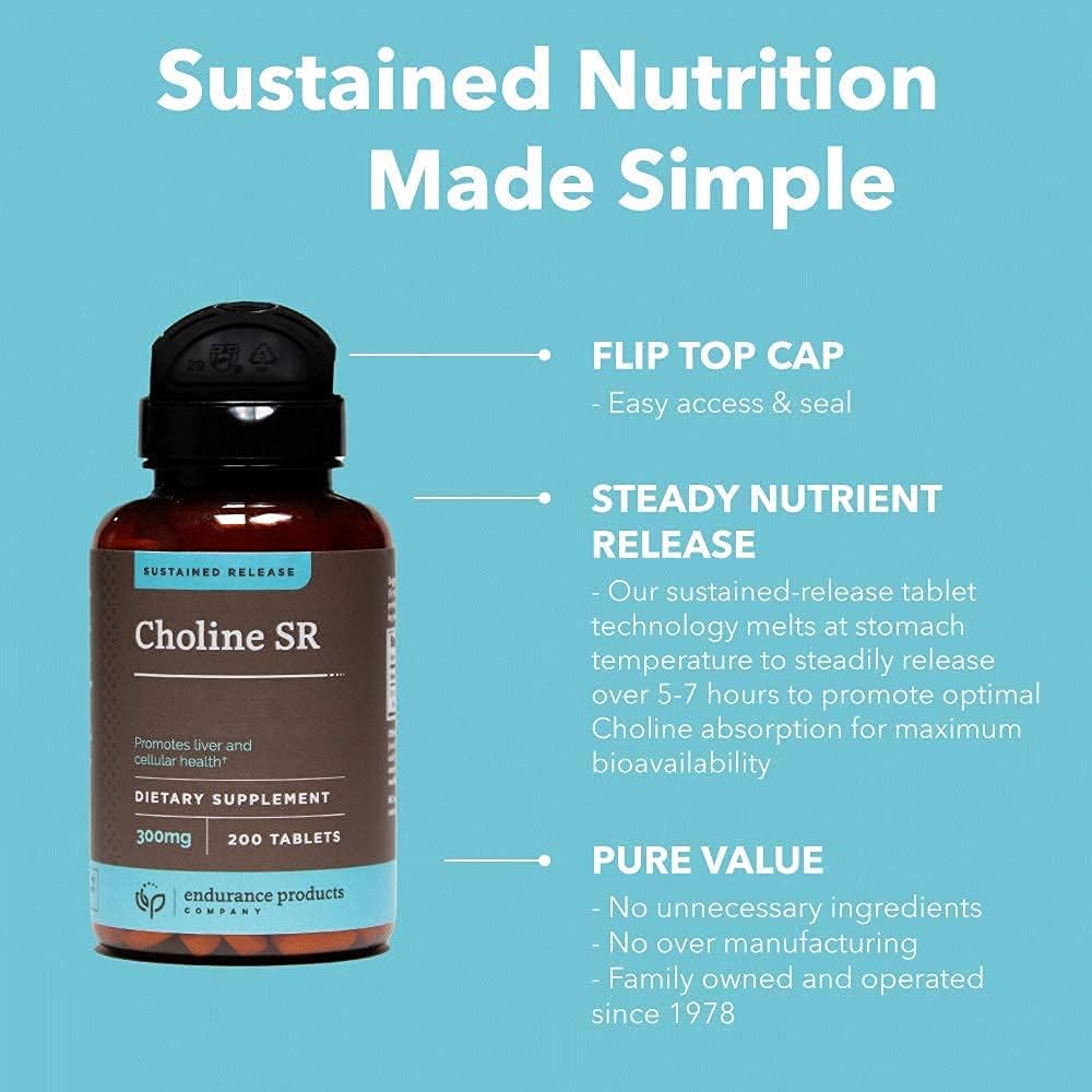 Choline Bitartrate Sustained Release Tablets - 300mg - 200 Count - Supports Brain Health, Focus, Memory - Prenatal Growth Supplement - Vegan & Non-GMO