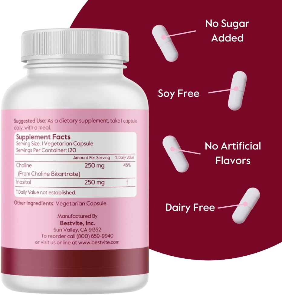 Choline Inositol 500mg Supplement (240 Capsules) - Vegan, Non-GMO, Gluten-Free - No Stearates or Fillers