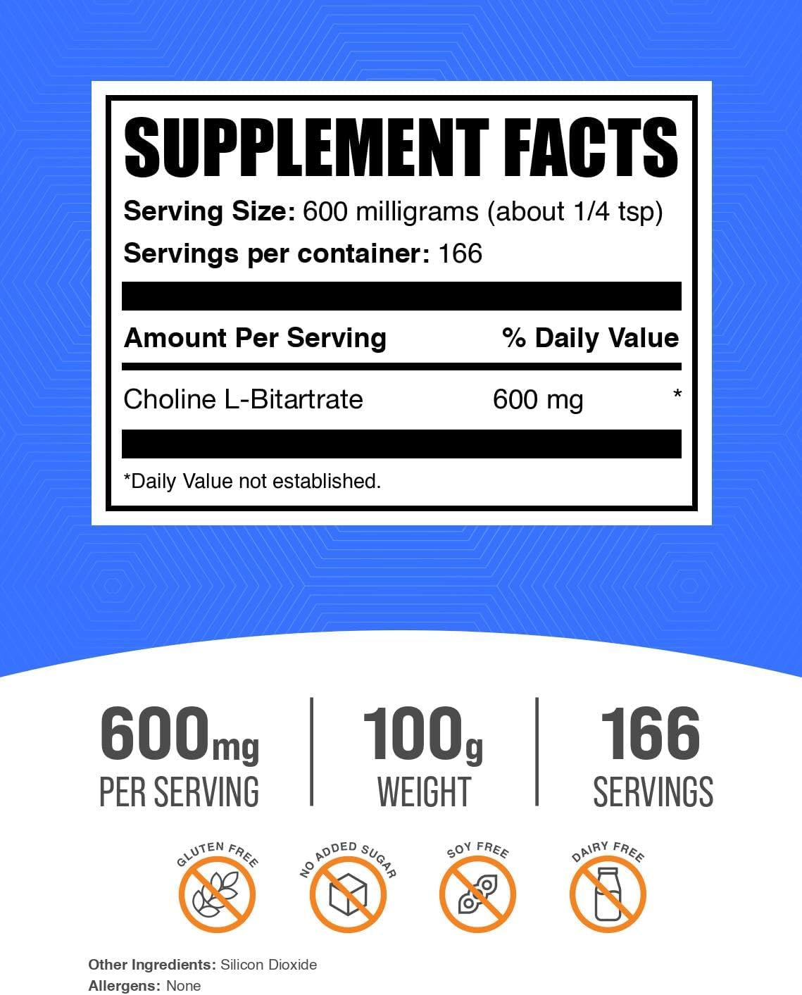 Choline L-Bitartrate Powder 600mg - Gluten Free Choline Supplement - 100g (3.5 oz) - Bulk Size Pack