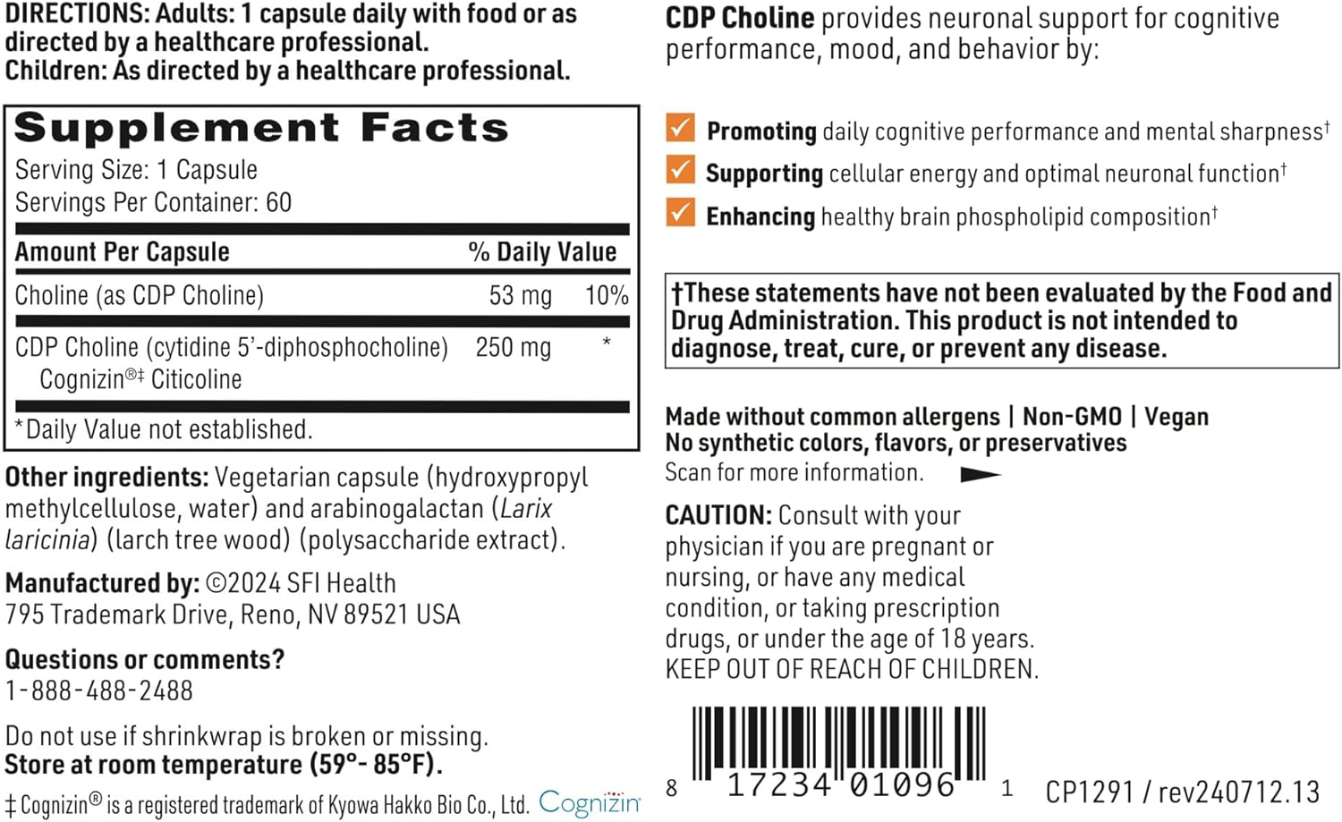 Choline Supplements 250mg - Soy-Free CDP Choline Capsules - Supports Memory, Focus & Attention - Bioavailable Form - 60ct