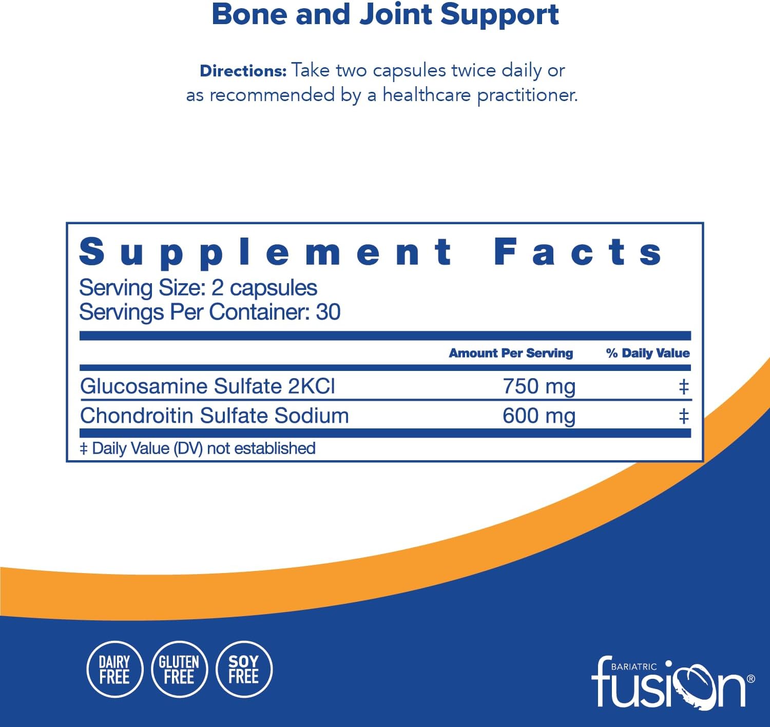 Chondroitin and Glucosamine Complex for Bone and Joint Support - Bariatric Vitamins for Women and Men - Gluten, Dairy, Soy Free - Non-GMO - 60 Capsules