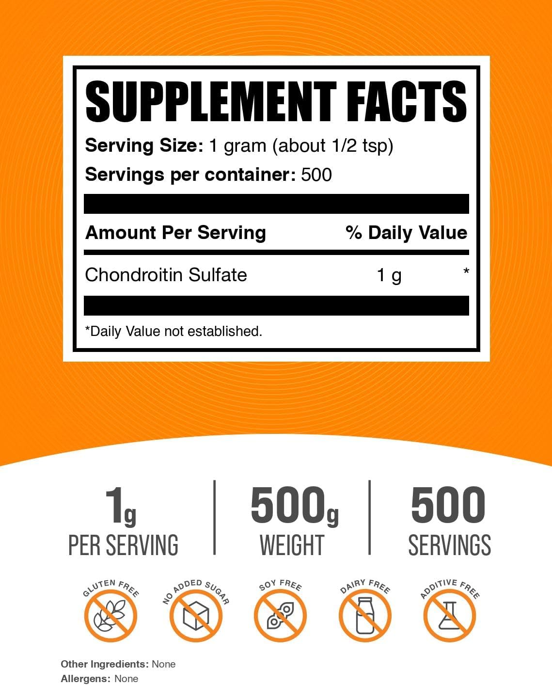 Chondroitin Sulfate Powder - 1000mg Supplements, Gluten-Free, 500g - Bulk Pack of 1