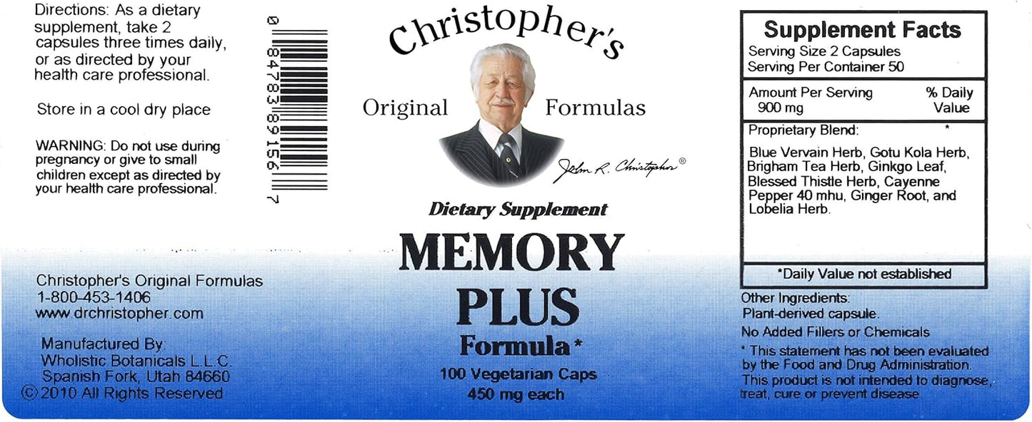 Christopher's Original Formulas Memory Plus Herbal Blend - Enhance Memory, Focus, & Cognitive Function - Natural Brain Supplements for Energy & Alertness