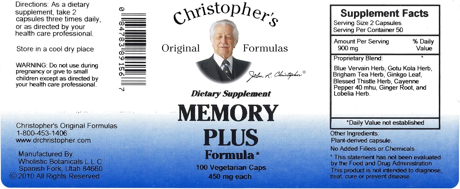 Christopher's Original Formulas Memory Plus Herbal Blend - Enhance Memory, Focus, & Cognitive Function - Natural Brain Supplements for Energy & Alertness