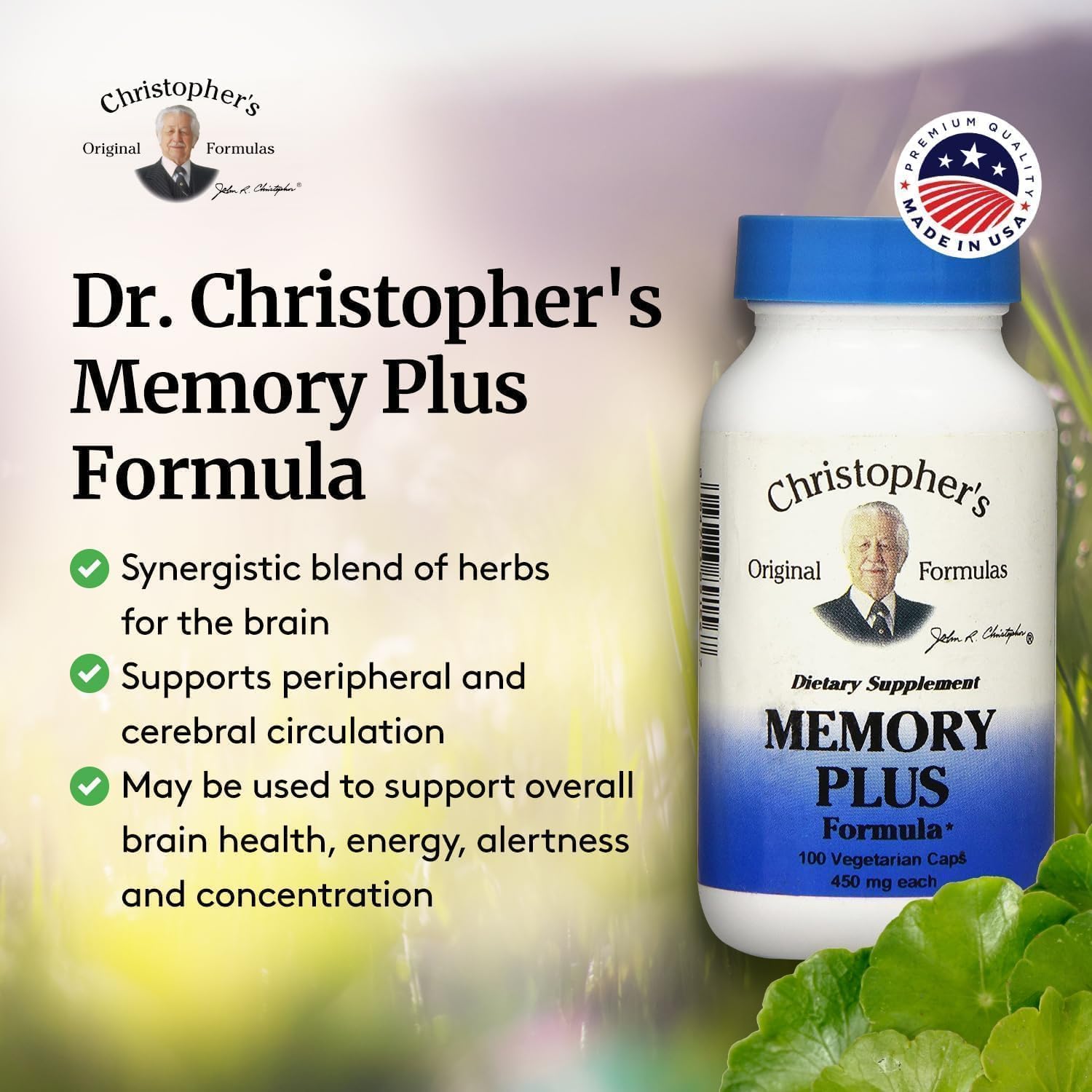 Christopher's Original Formulas Memory Plus Herbal Blend - Enhance Memory, Focus, & Cognitive Function - Natural Brain Supplements for Energy & Alertness