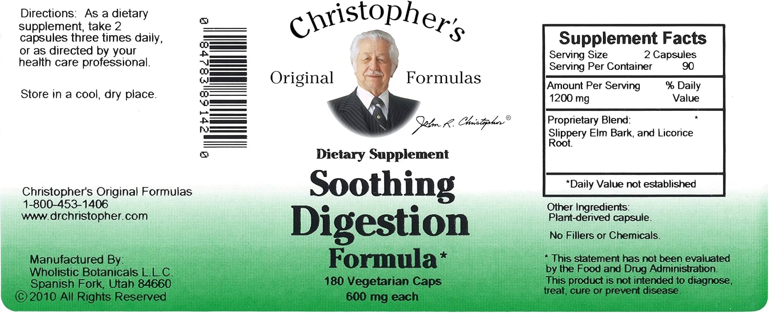 Christopher's Original Formulas Soothing Digestion Supplement - 600mg, 180 Vegetarian Capsules