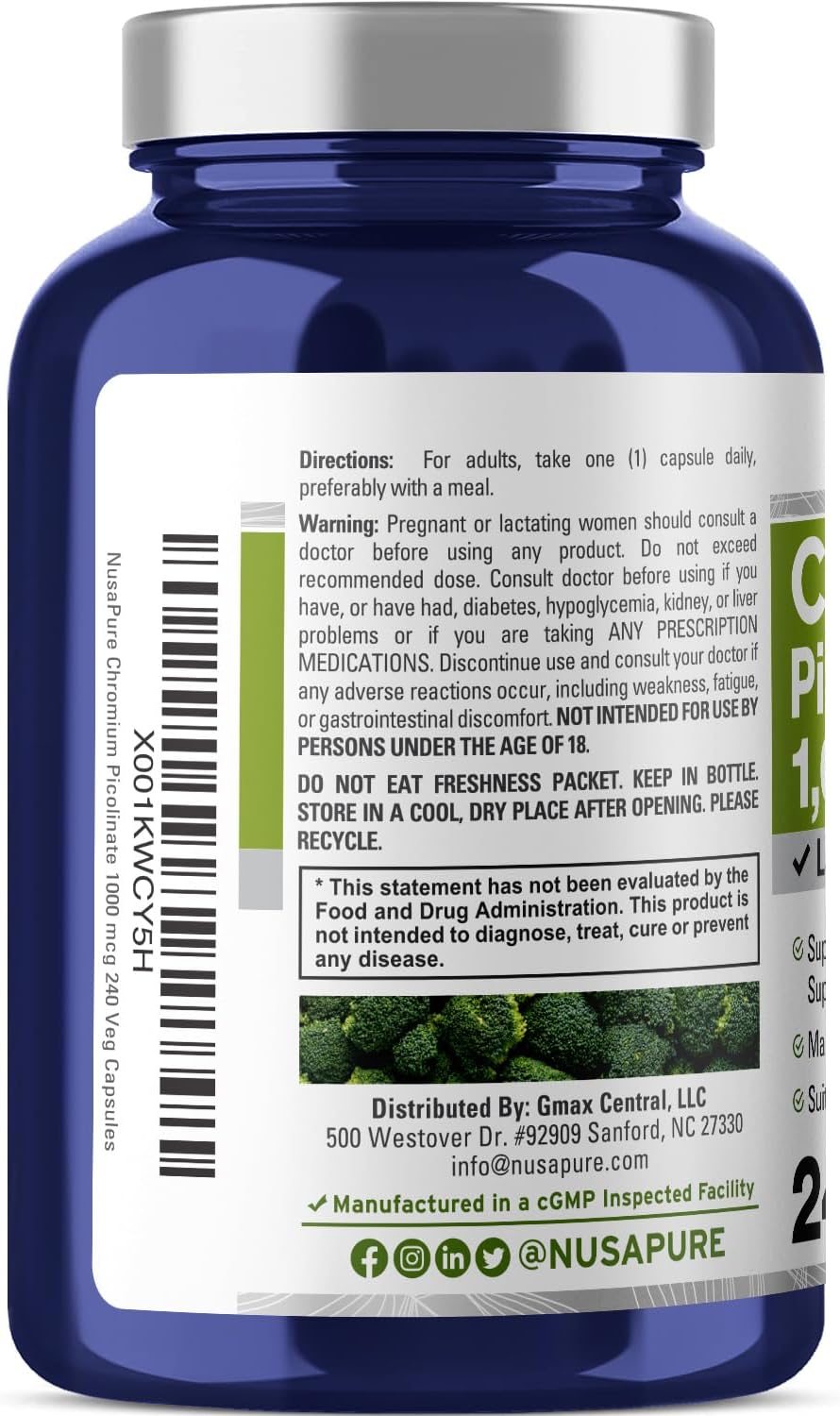 Chromium Picolinate 1000mcg Supplement - 240 Veggie Capsules (Non-GMO, Gluten Free) by NusaPure