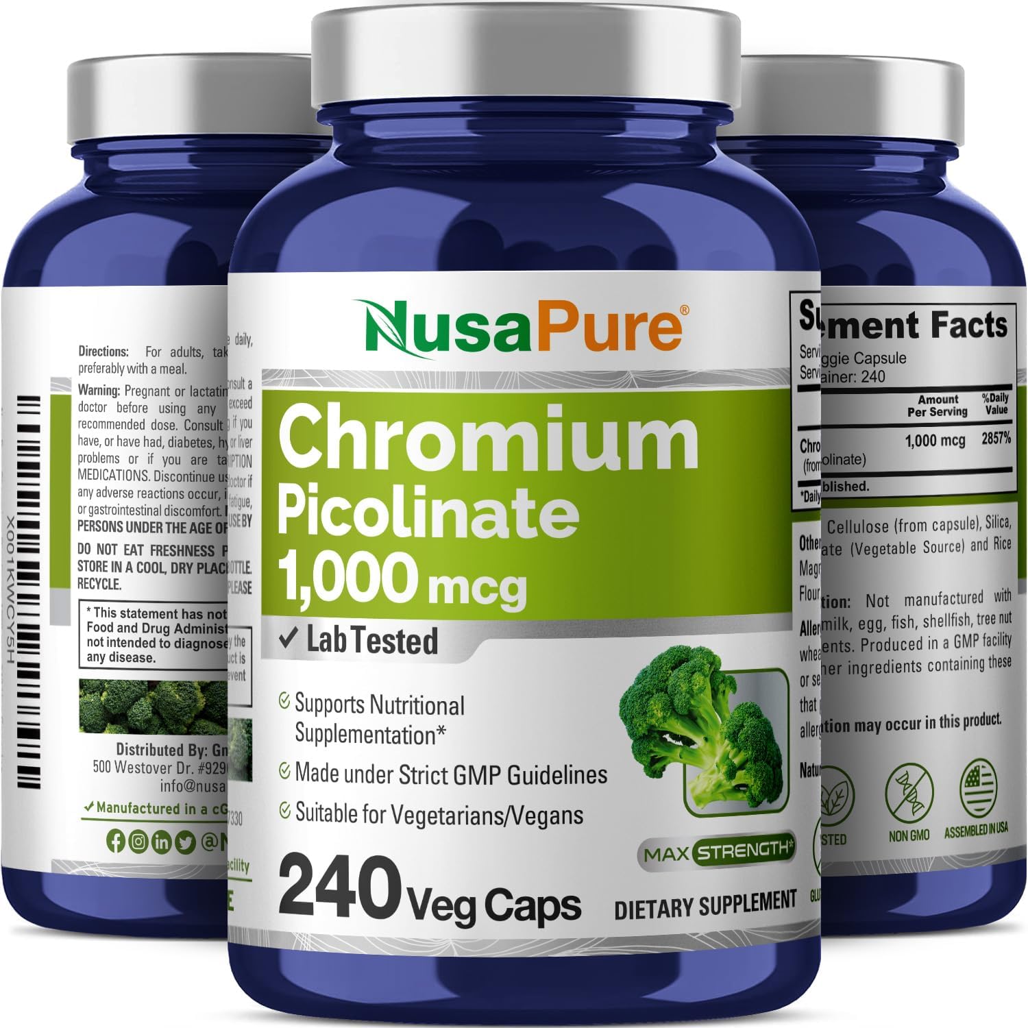 Chromium Picolinate 1000mcg Supplement - 240 Veggie Capsules (Non-GMO, Gluten Free) by NusaPure