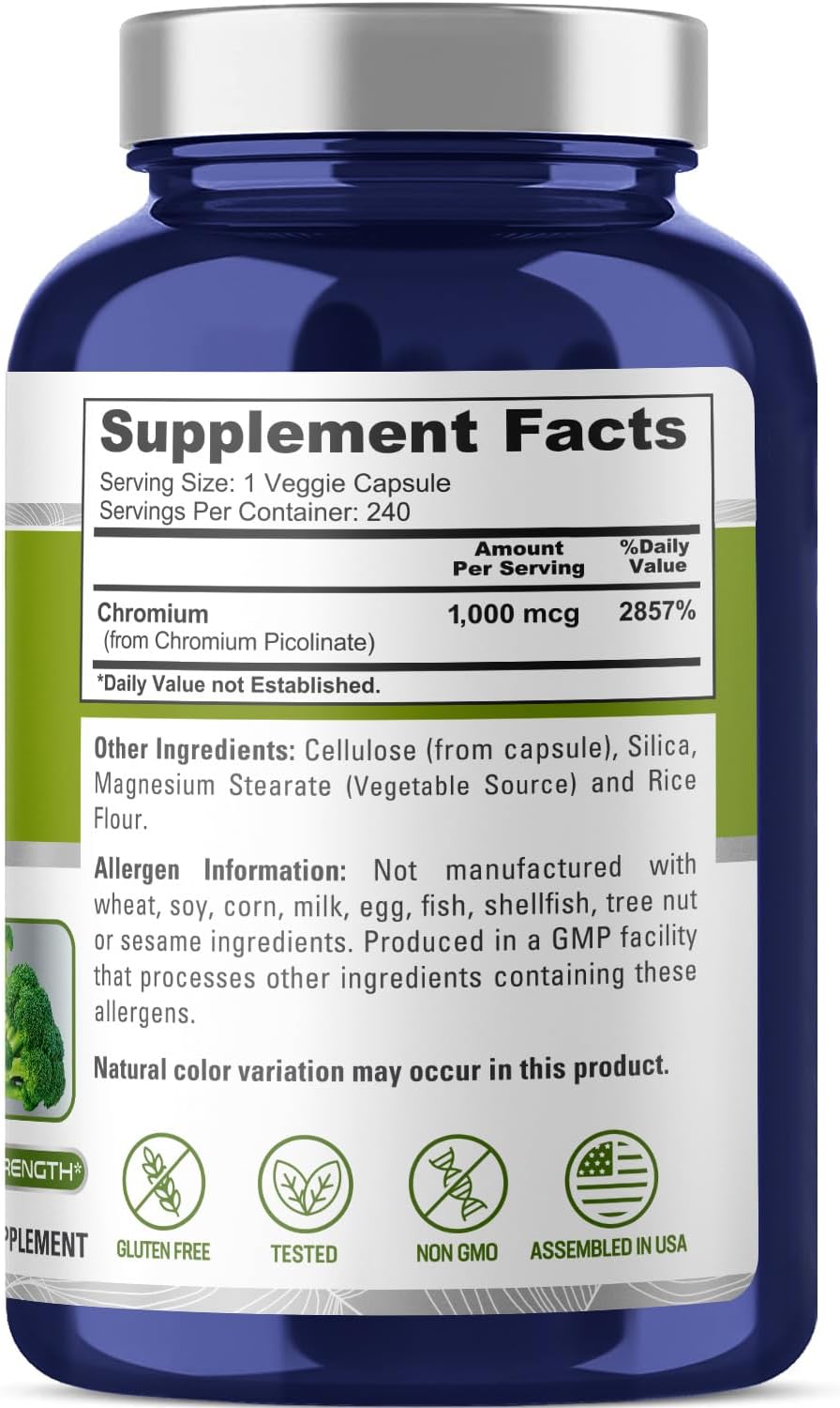 Chromium Picolinate 1000mcg Supplement - 240 Veggie Capsules (Non-GMO, Gluten Free) by NusaPure