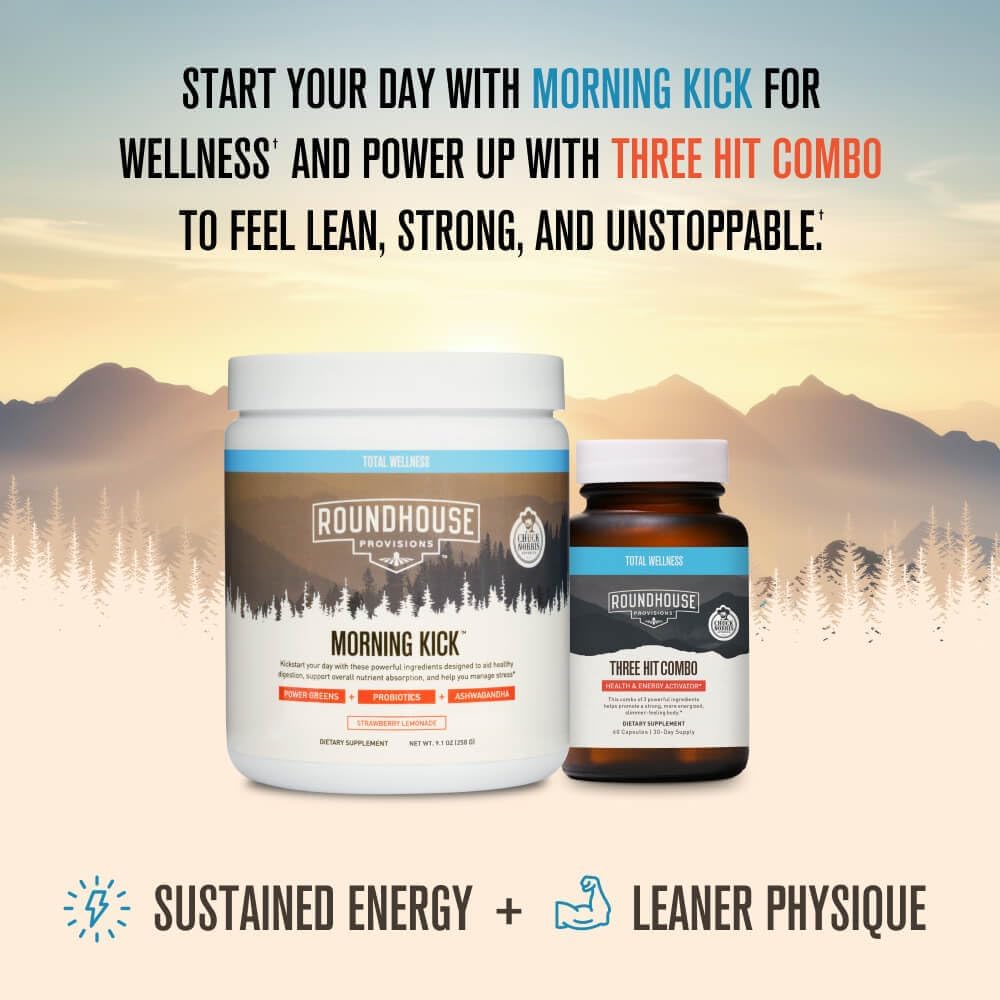 Chuck Norris Roundhouse Provisions Morning Kick Greens Superfood Powder with Ashwagandha, Collagen, Probiotics - Boosts Energy, 30 Servings - Strawberry Lemonade