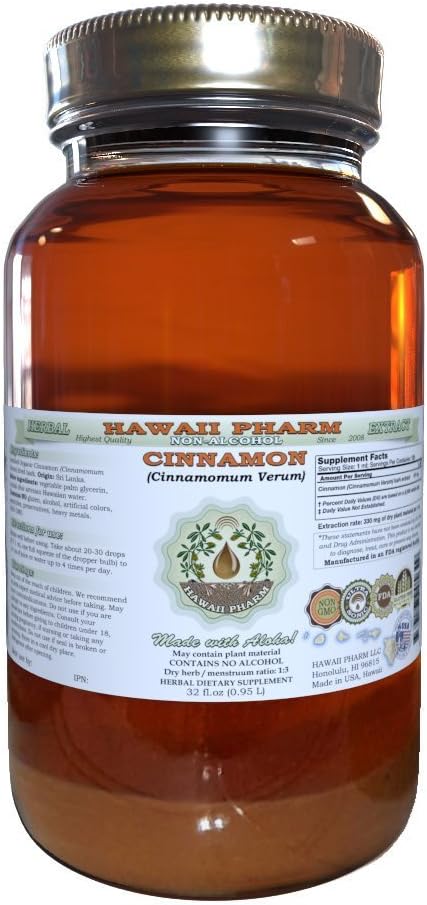 Cinnamon Alcohol-Free Liquid Extract 32 oz - Natural Herbal Supplement with Cinnamomum Verum Dried Bark Glycerite by Hawaii Pharm