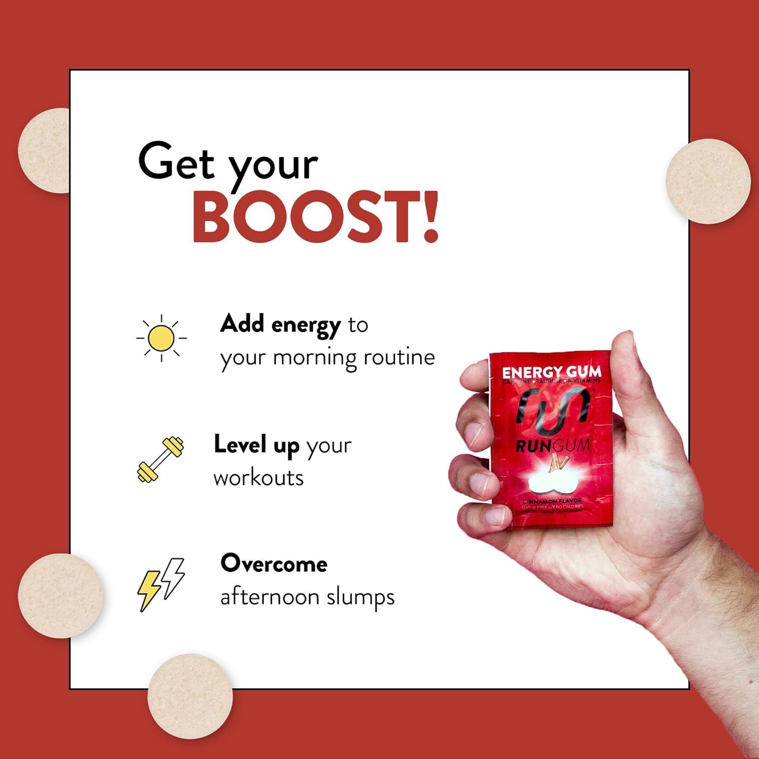 Cinnamon Energy Gum with 50mg Caffeine, Taurine, and B-Vitamins - 24 Pieces x 12 Packs, Sugar Free & Zero Calorie - BoostGo Australia