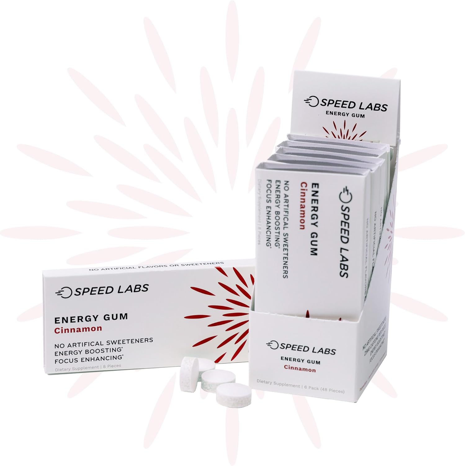 Cinnamon Natural Caffeine Energy Gum - 25mg Caffeine, Taurine, B Vitamins - 48 Pieces (6 Packs)
