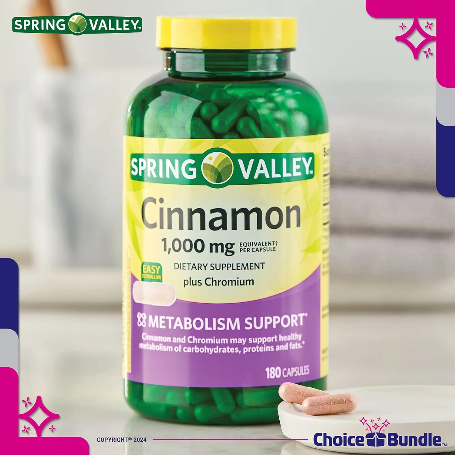Cinnamon Plus Chromium Capsules Dietary Supplement Bundle with 1,000 mg 180 Ct 3 Pk + "Vitamin Vitality" Guide & Pill Container - 540 Total Items