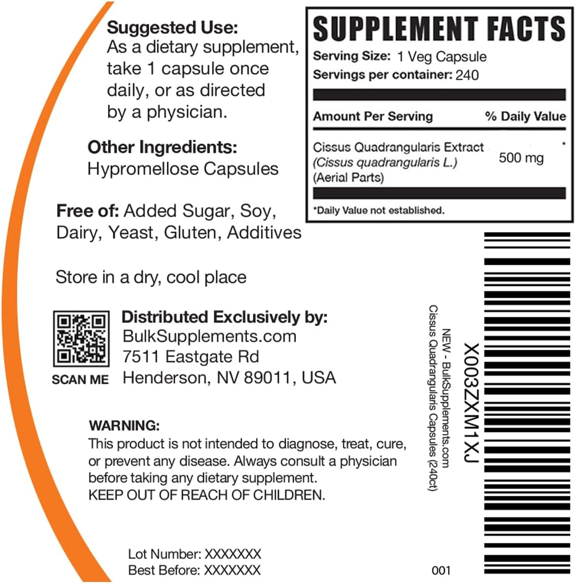 Cissus Quadrangularis Extract Capsules - 240 Vegetarian Capsules, Gluten-Free - BulkSupplements.com