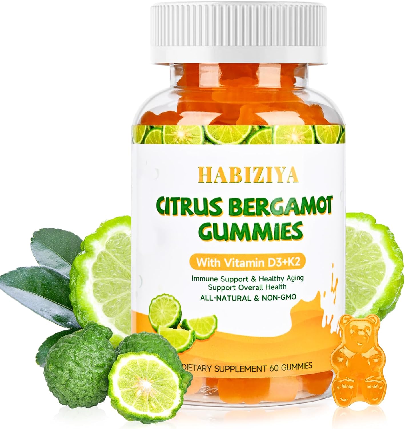 Citrus Bergamot Gummies 1000mg with Vitamin D3+K2 for Heart & Immune Support - Vegan, All-Natural, Sugar-Free - 60 Gummies