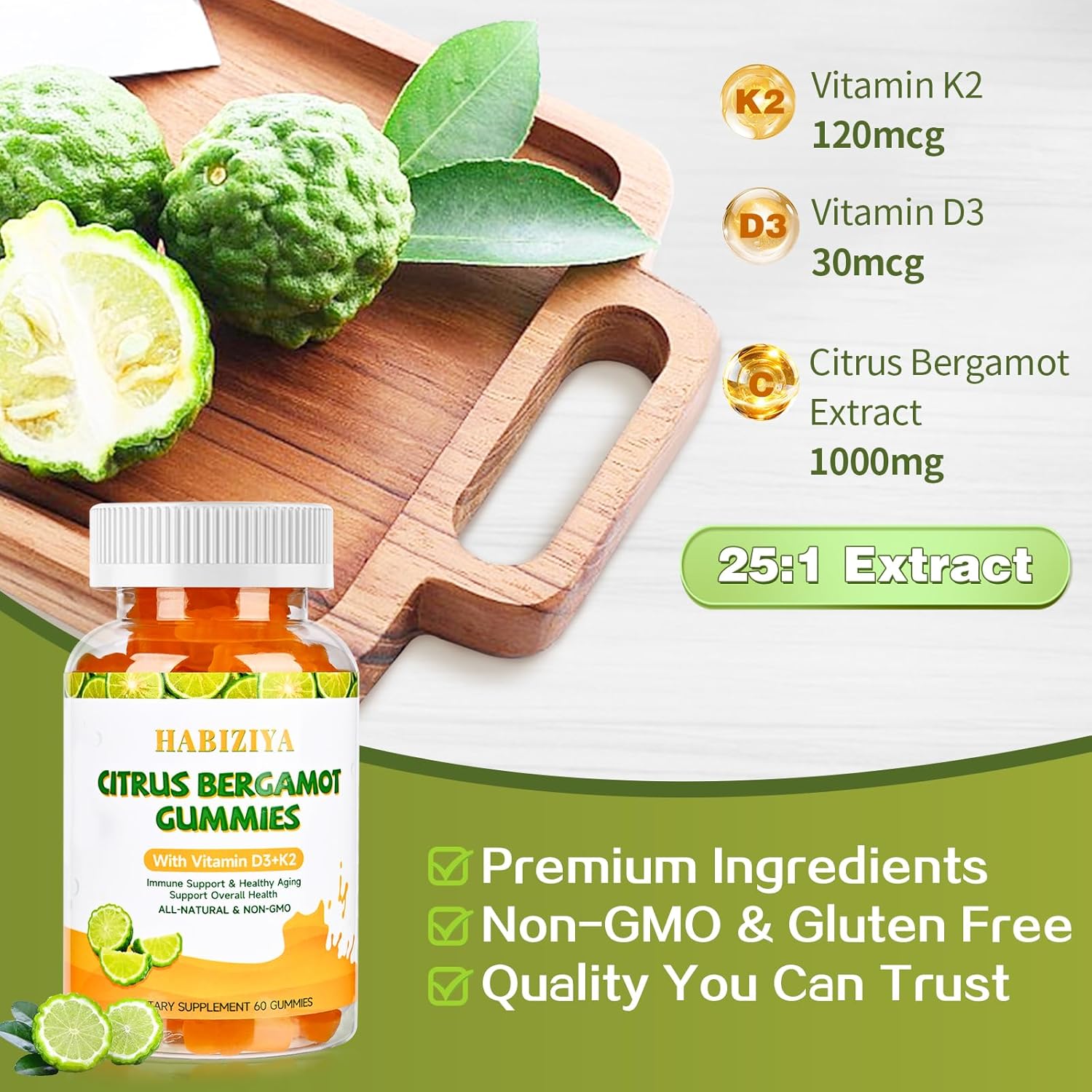 Citrus Bergamot Gummies 1000mg with Vitamin D3+K2 for Heart & Immune Support - Vegan, All-Natural, Sugar-Free - 60 Gummies