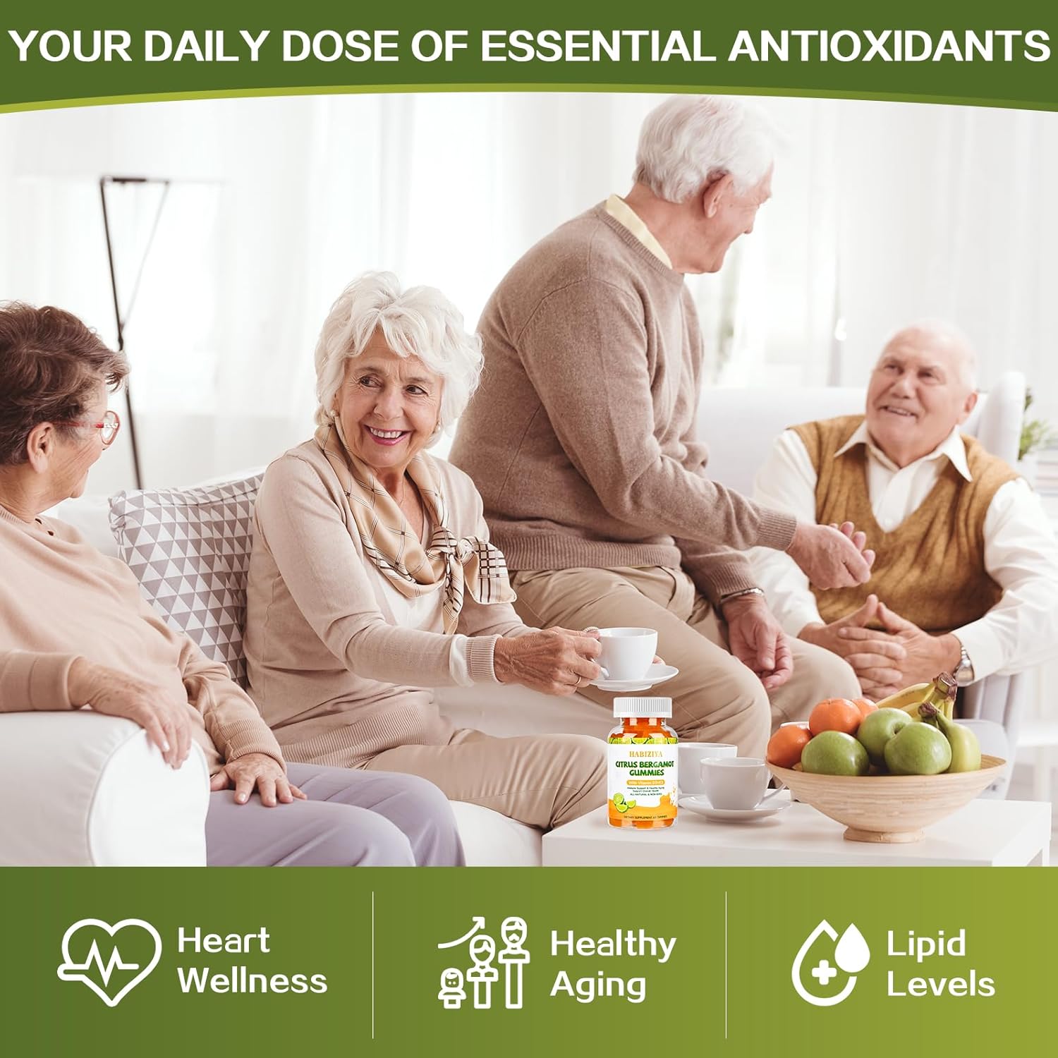 Citrus Bergamot Gummies 1000mg with Vitamin D3+K2 for Heart & Immune Support - Vegan, All-Natural, Sugar-Free - 60 Gummies