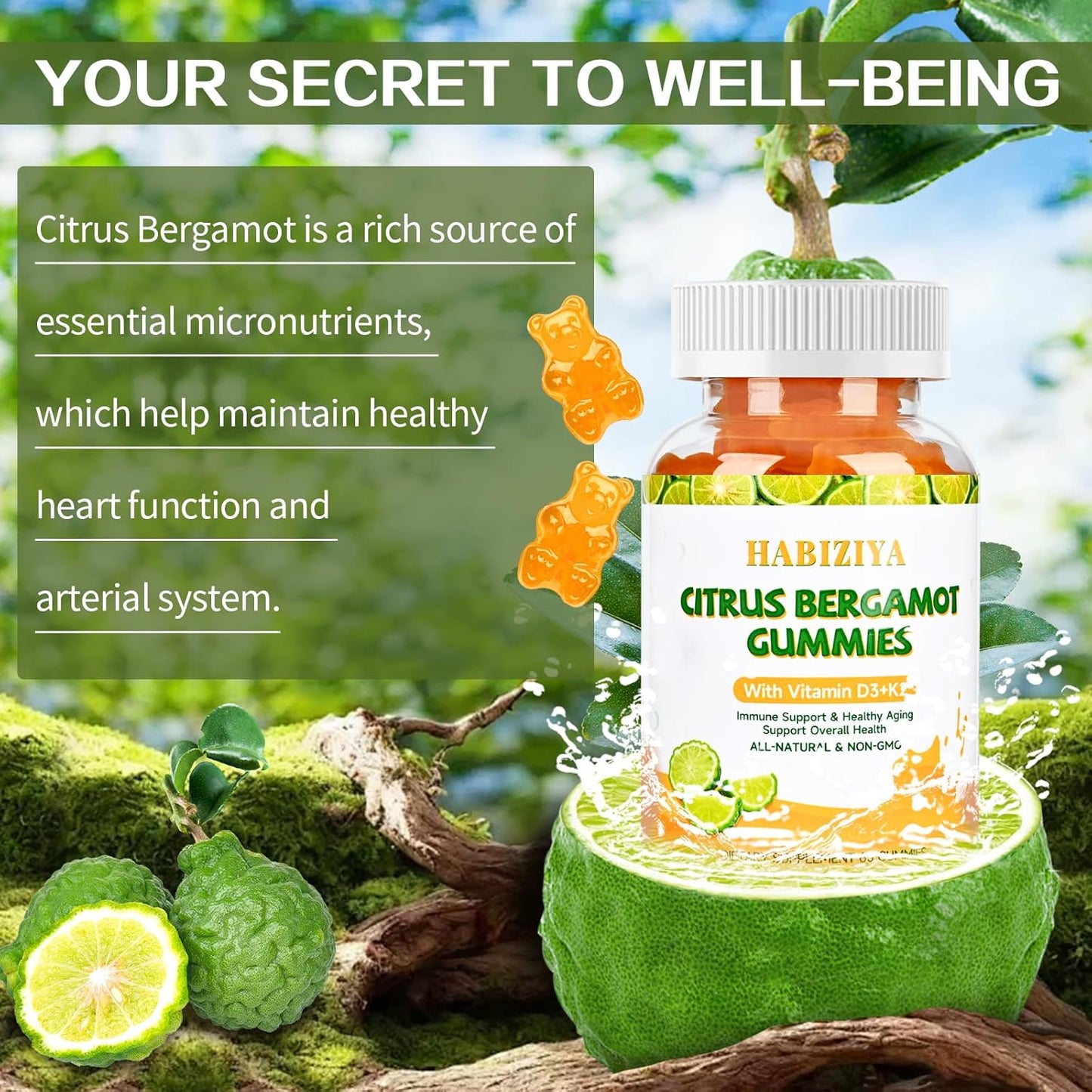 Citrus Bergamot Gummies 1000mg with Vitamin D3+K2 for Heart & Immune Support - Vegan, All-Natural, Sugar-Free - 60 Gummies