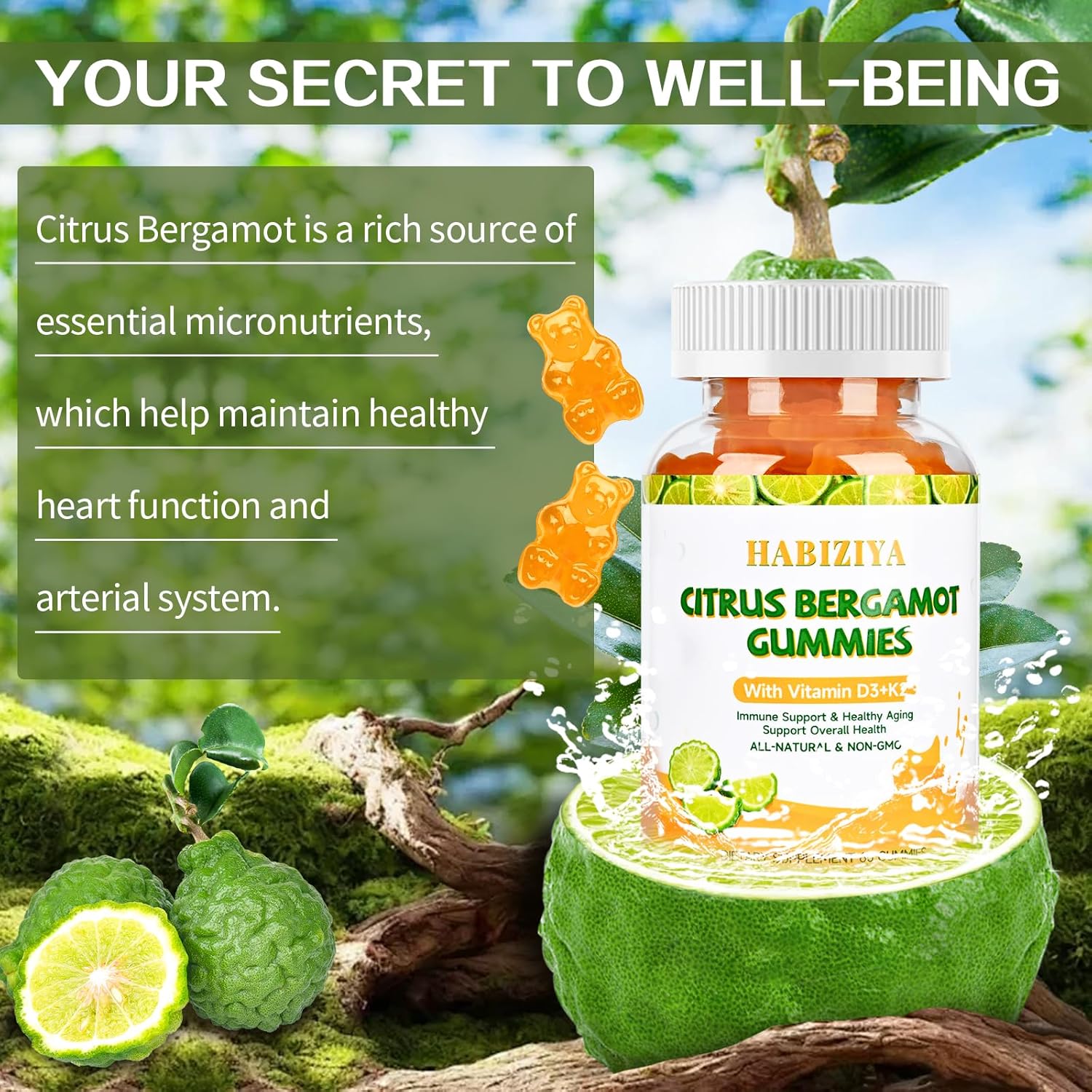 Citrus Bergamot Gummies 1000mg with Vitamin D3+K2 for Heart & Immune Support - Vegan, All-Natural, Sugar-Free - 60 Gummies