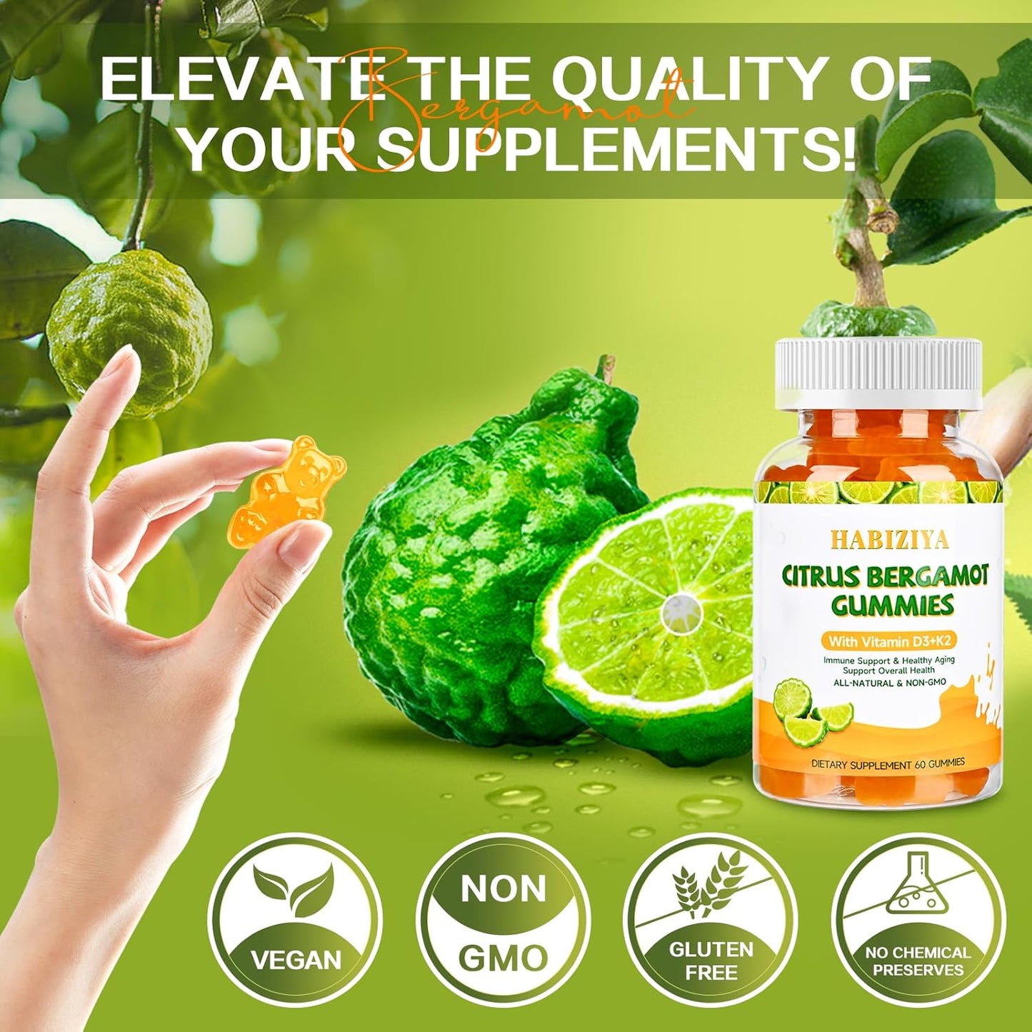 Citrus Bergamot Gummies 1000mg with Vitamin D3+K2 for Heart & Immune Support - Vegan, All-Natural, Sugar-Free - 60 Gummies