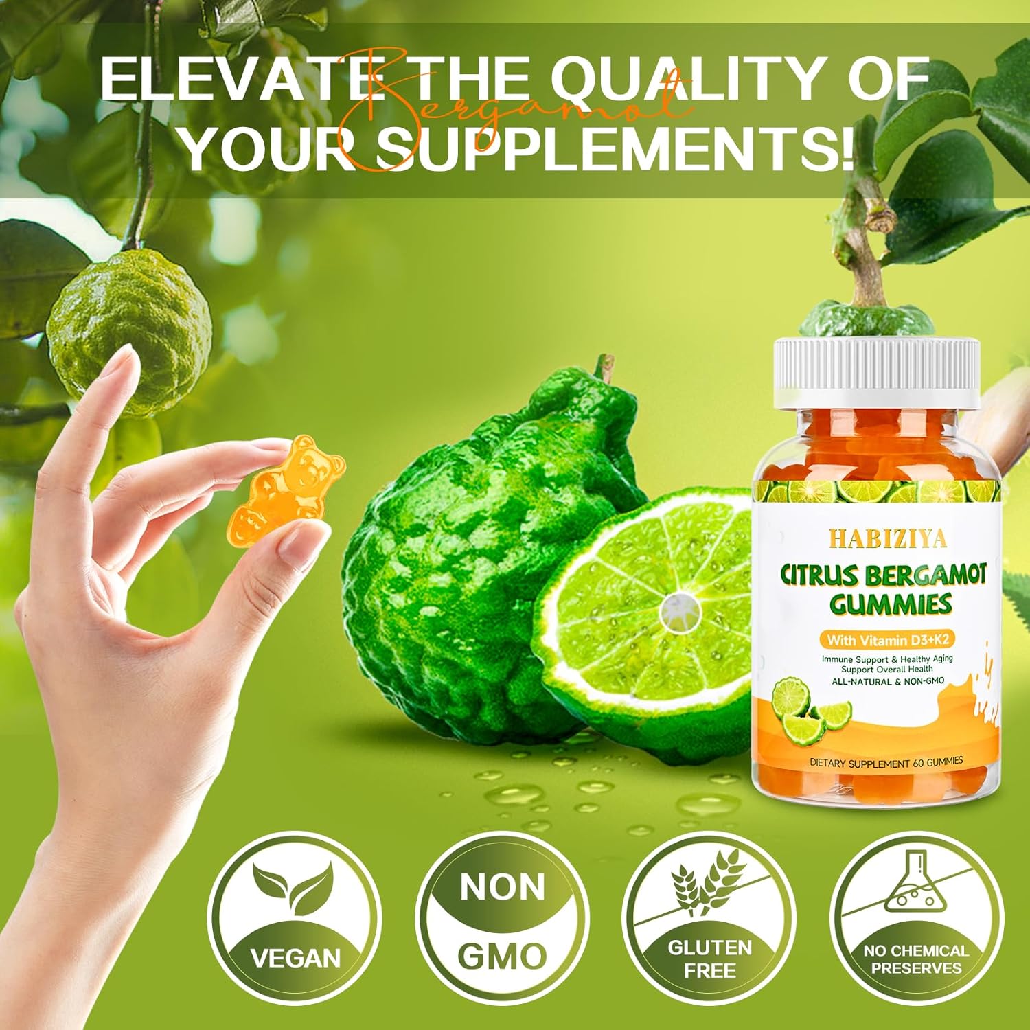 Citrus Bergamot Gummies 1000mg with Vitamin D3+K2 for Heart & Immune Support - Vegan, All-Natural, Sugar-Free - 60 Gummies