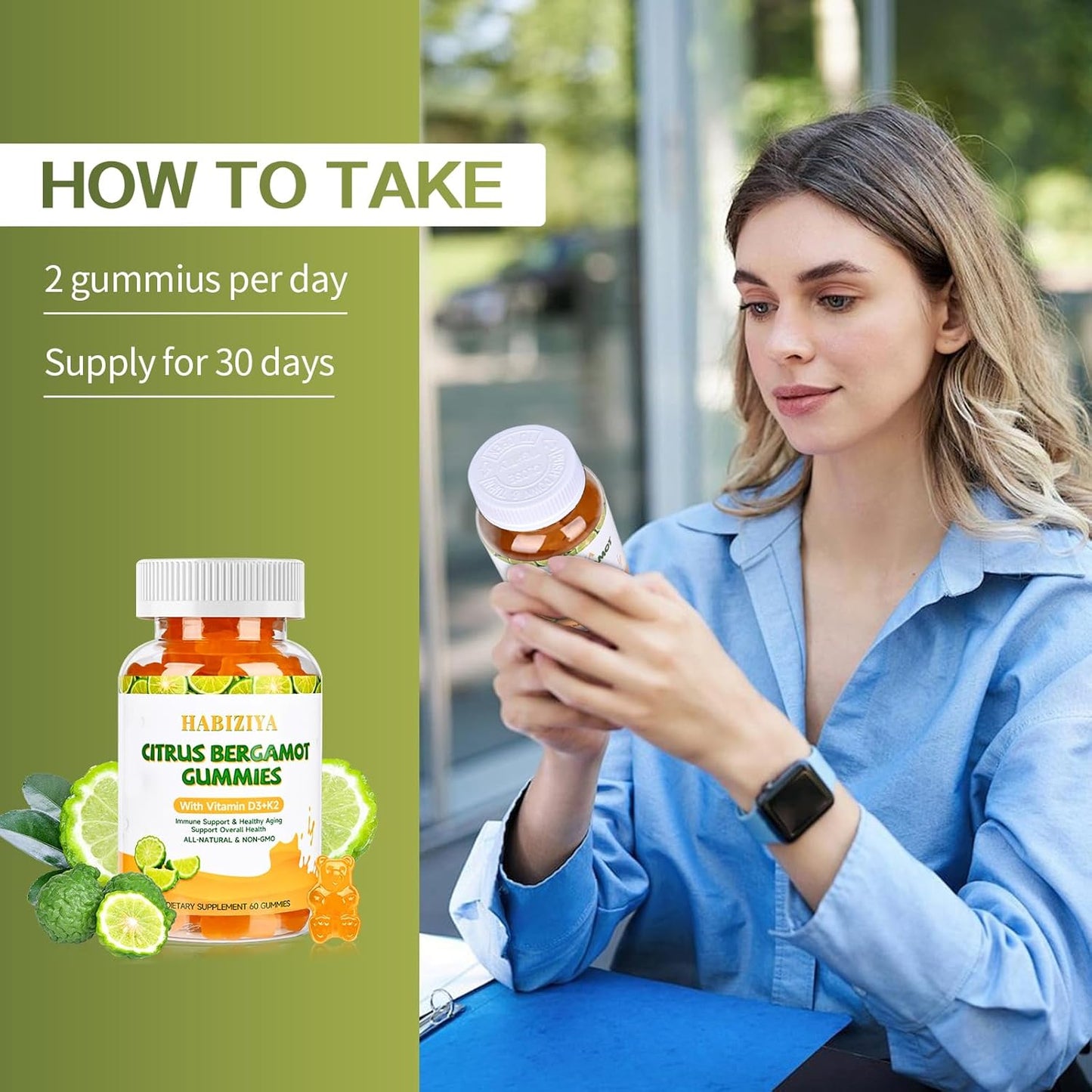 Citrus Bergamot Gummies 1000mg with Vitamin D3+K2 for Heart & Immune Support - Vegan, All-Natural, Sugar-Free - 60 Gummies